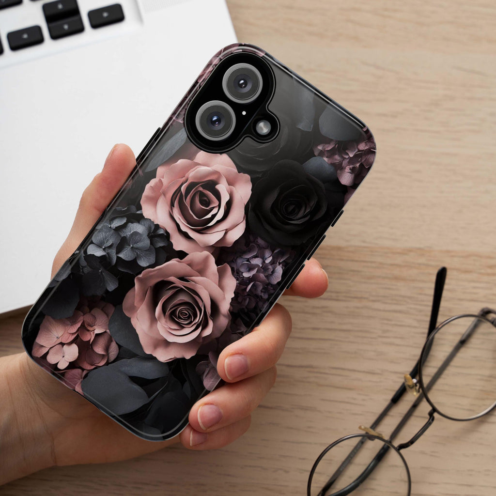 Dark Floral Phone Case, Pink and Black Rose Flowers Case, Gothic Dark Academia for iPhone Magsafe 16, 15, 14, 13 & Samsung, Pixel 9, 428.18