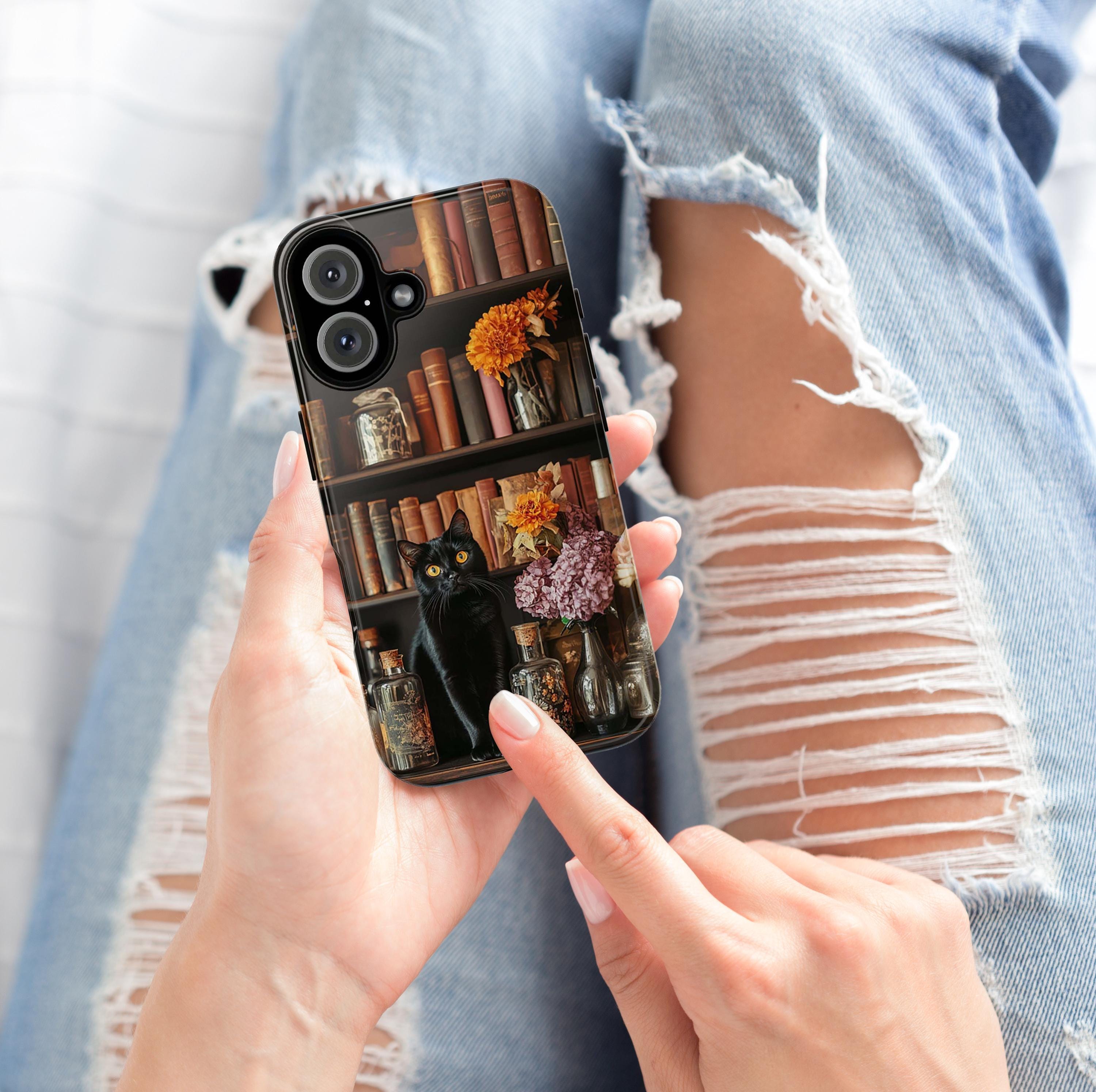3D Black Cat with Autumn Bookshelf and Flowers Phone Case, Gothic Dark Academia, Mystical Cat and Floral Art for iPhone 16, Samsung, Pixel