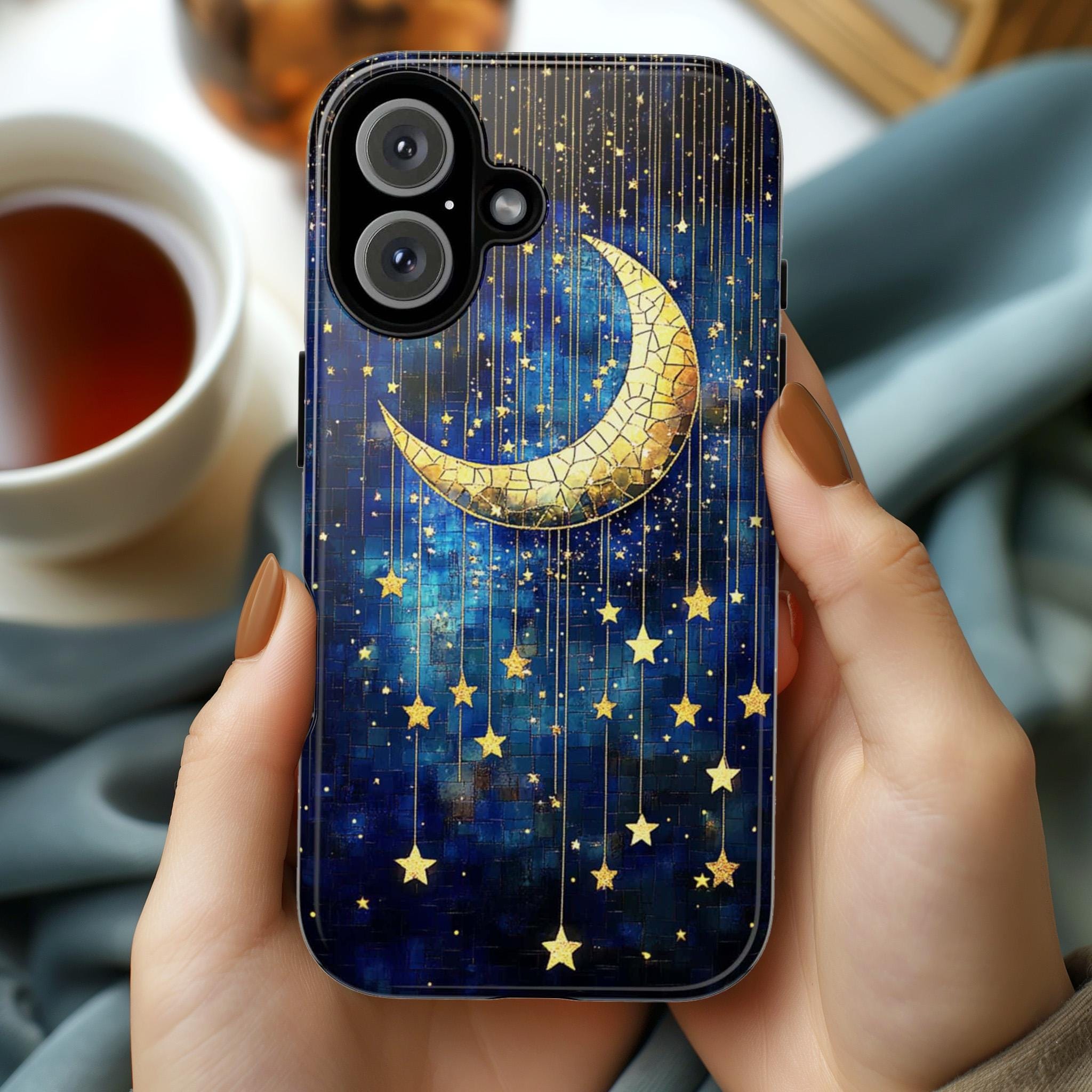 Satined Glass Golden Stars & Moon Phone Case, Night Galaxy Mosaic Design Phone Cover for iPhone 16 15 14 13 Magsafe, Samsung S25, 432.7