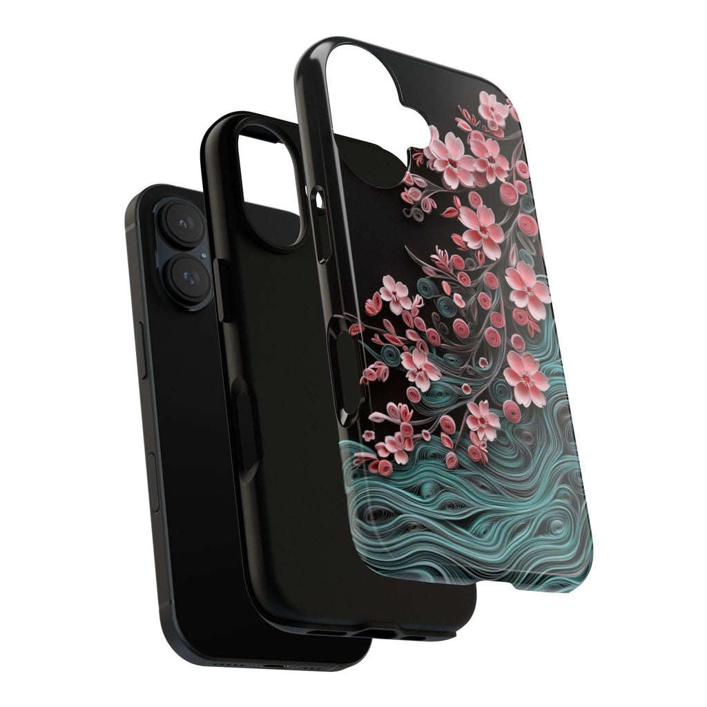 Pink Cherry Blossom Wave Phone Case, Floral Japanese Style Art, Sakura Flower for iPhone 16 15 14 Tough or Magsafe, Samsung S25, 469.9