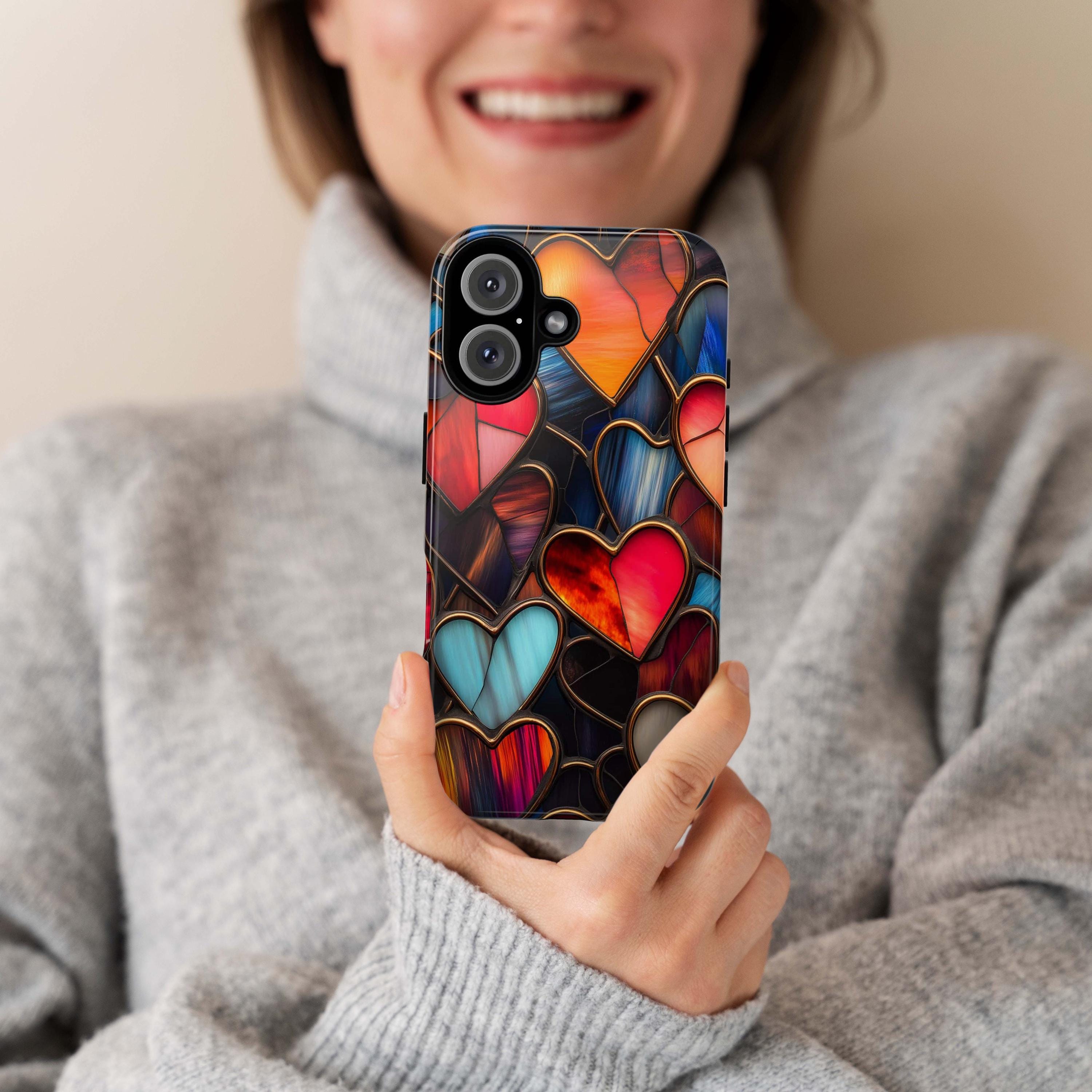 Stained Glass Hearts Phone Case, Valentines Day 3D Design, Perfect for Valentines Day Gift, Artistic Case for iPhone Magsafe, Samsung, 462.2