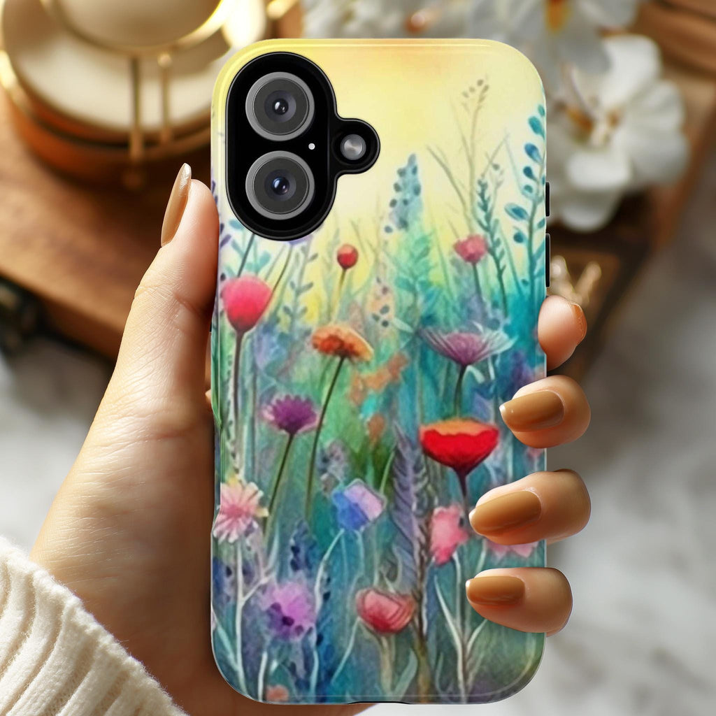 Meadow Floral iPhone Case with Rainbow Ombre Paint Vibes Cover for iPhone 16 15 14 13 Tough or Magsafe, Samsung, Flowers Lovers Gift, 90.3