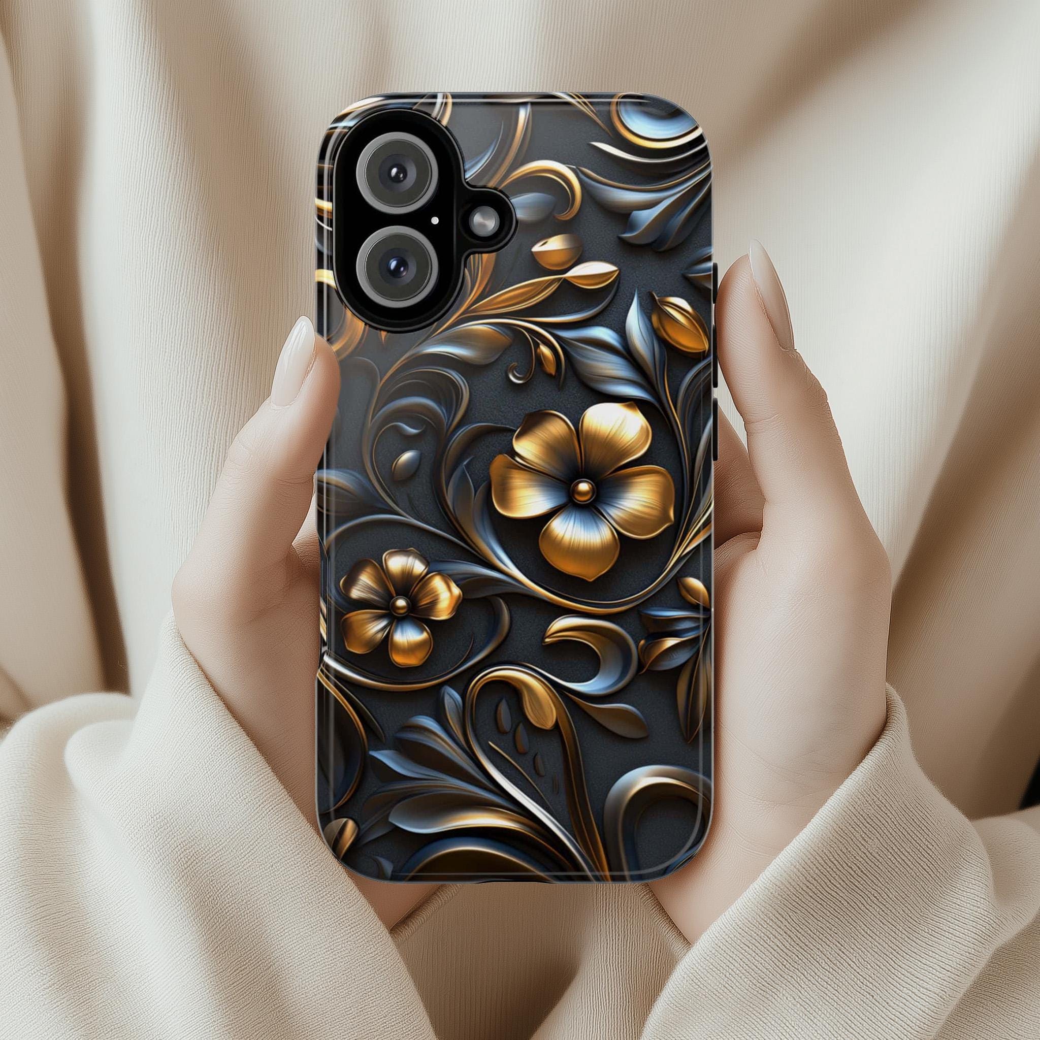 3D Gothic Gold Black Floral Phone Case - Dark Night Flowers Case fit for iPhone 16 Pro Max 15 14 13 12 Plus, Samsung S25 Ultra Plus, 428.1