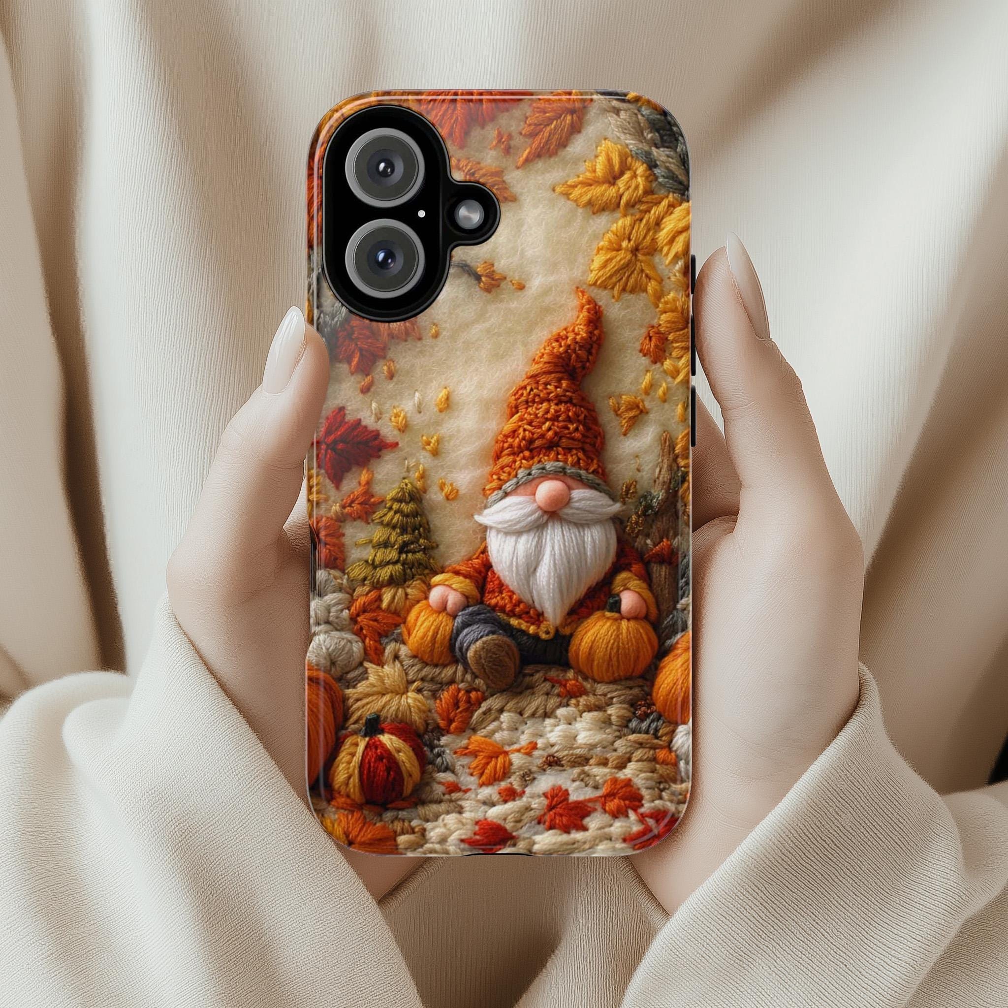 Fall Gnome Embroidery MagSafe Phone Case, Cozy Autumn Design with Fall Leaves and Pumpkins Case i Phone 15 14 13 12 / Samsung S24, 452.1