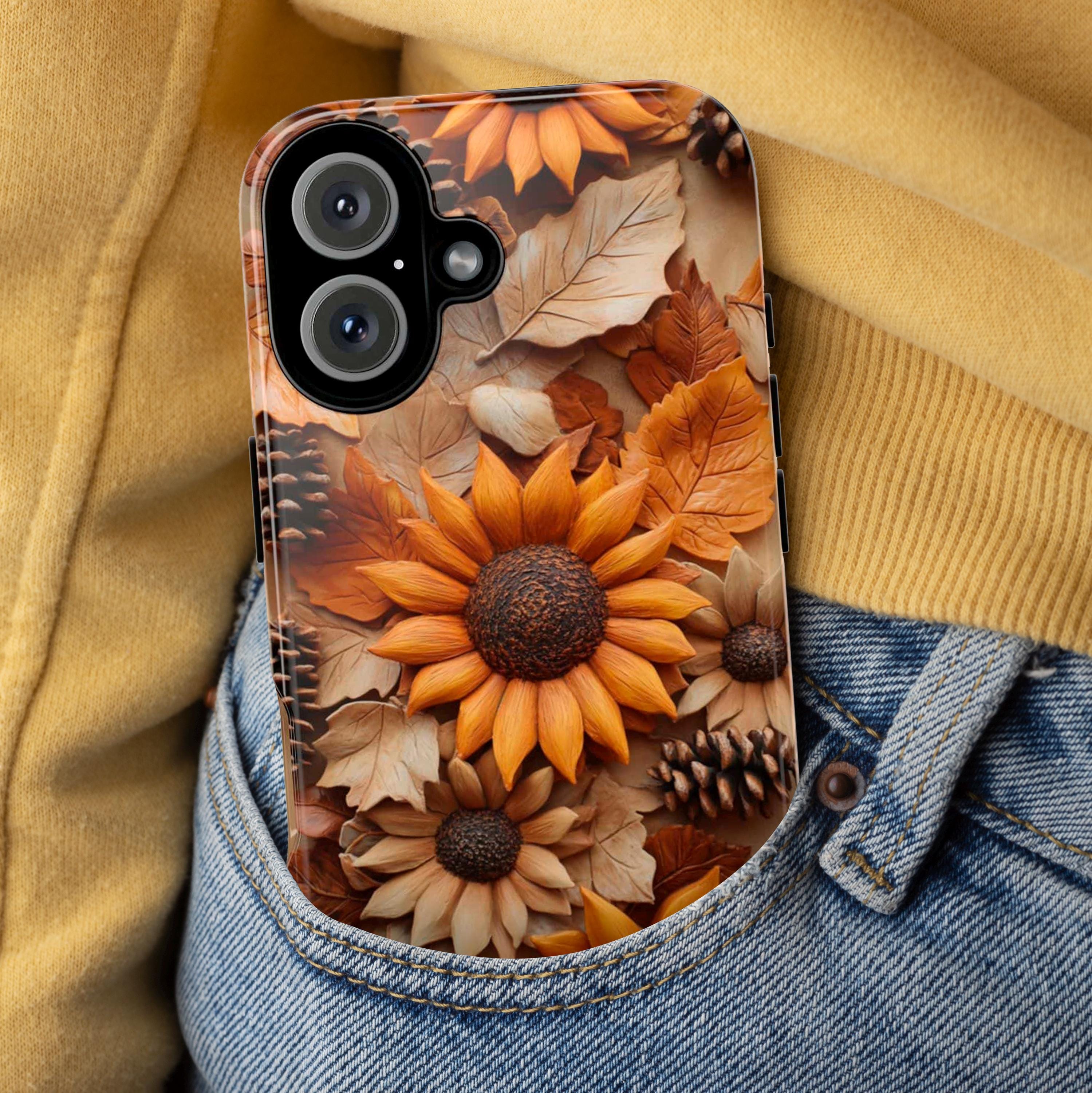 3D Sunflower Art Phone Case, Pastel Artistic Bloom Design for iPhone 16 15 14 13 Pro Max Plus Magsafe, Samsung S24, 439.6