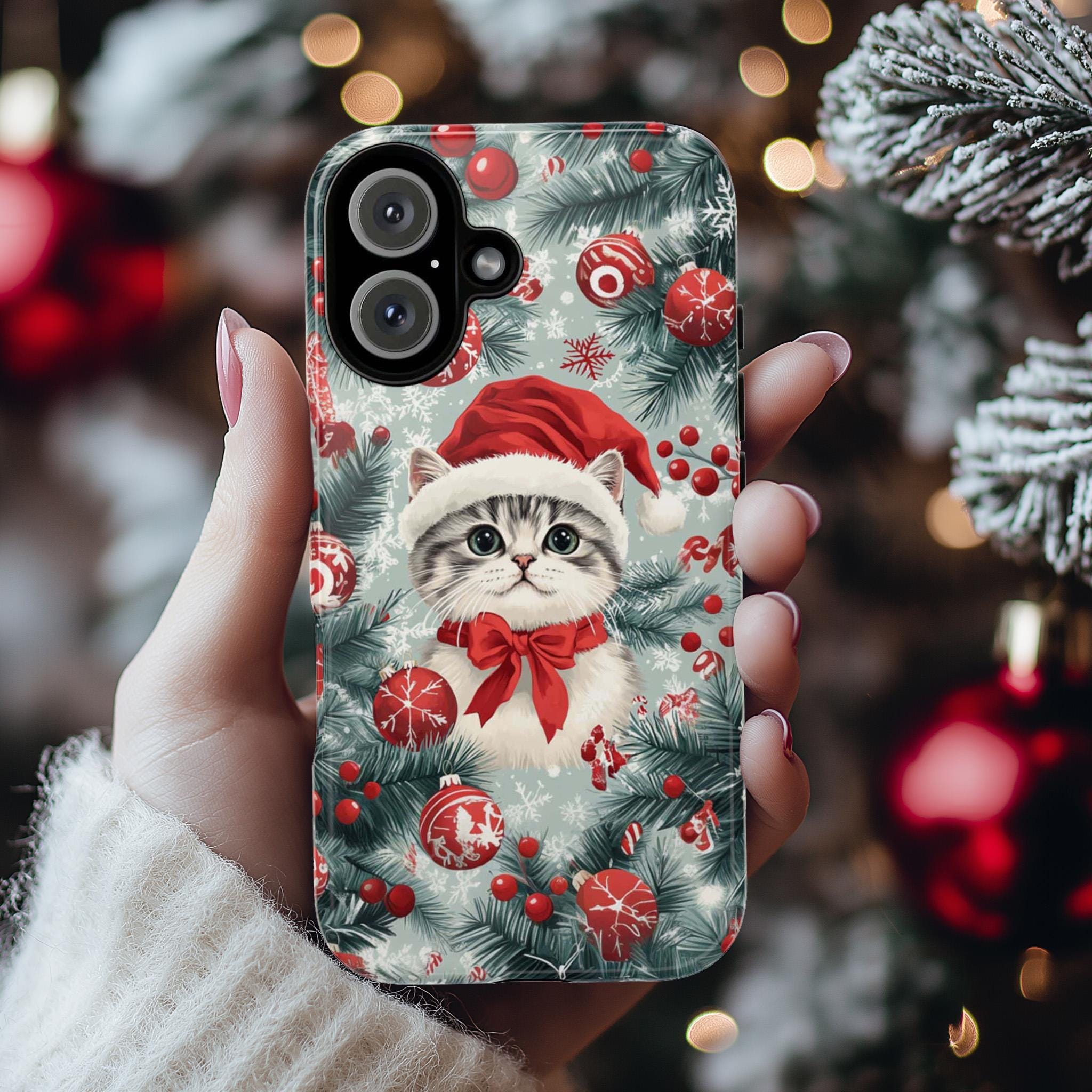 Christmas Cat Phone Case with Ornaments, Cute Pastel Colors Holiday Cover for iPhone 16 15 14 Tough or Magsafe, Samsung, 431.4