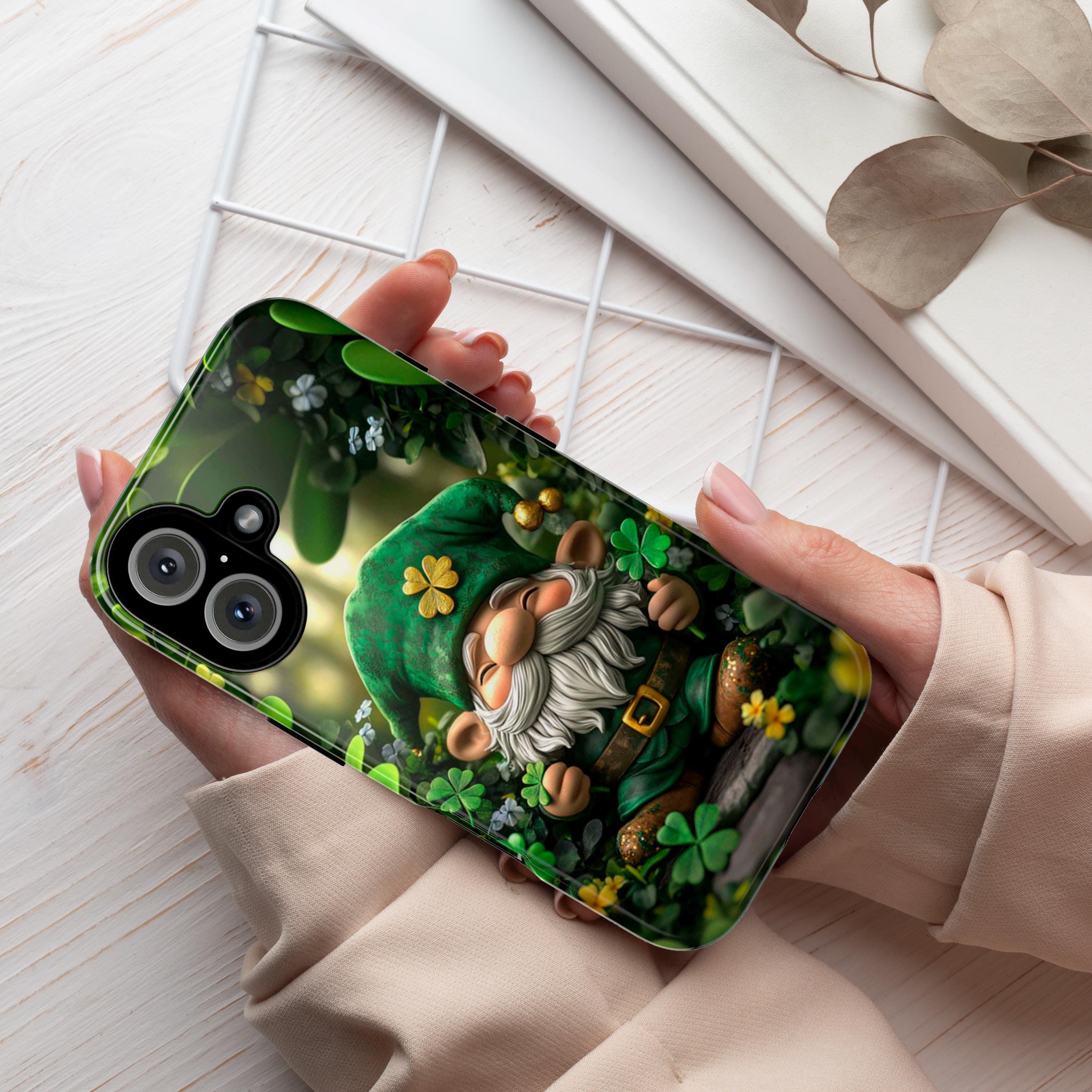 St. Patrick's Day Phone Case with Green Gnome and Shamrocks, Lucky Irish Inspired Cover for iPhone 16, 15, Samsung Galaxy S24, 457.1