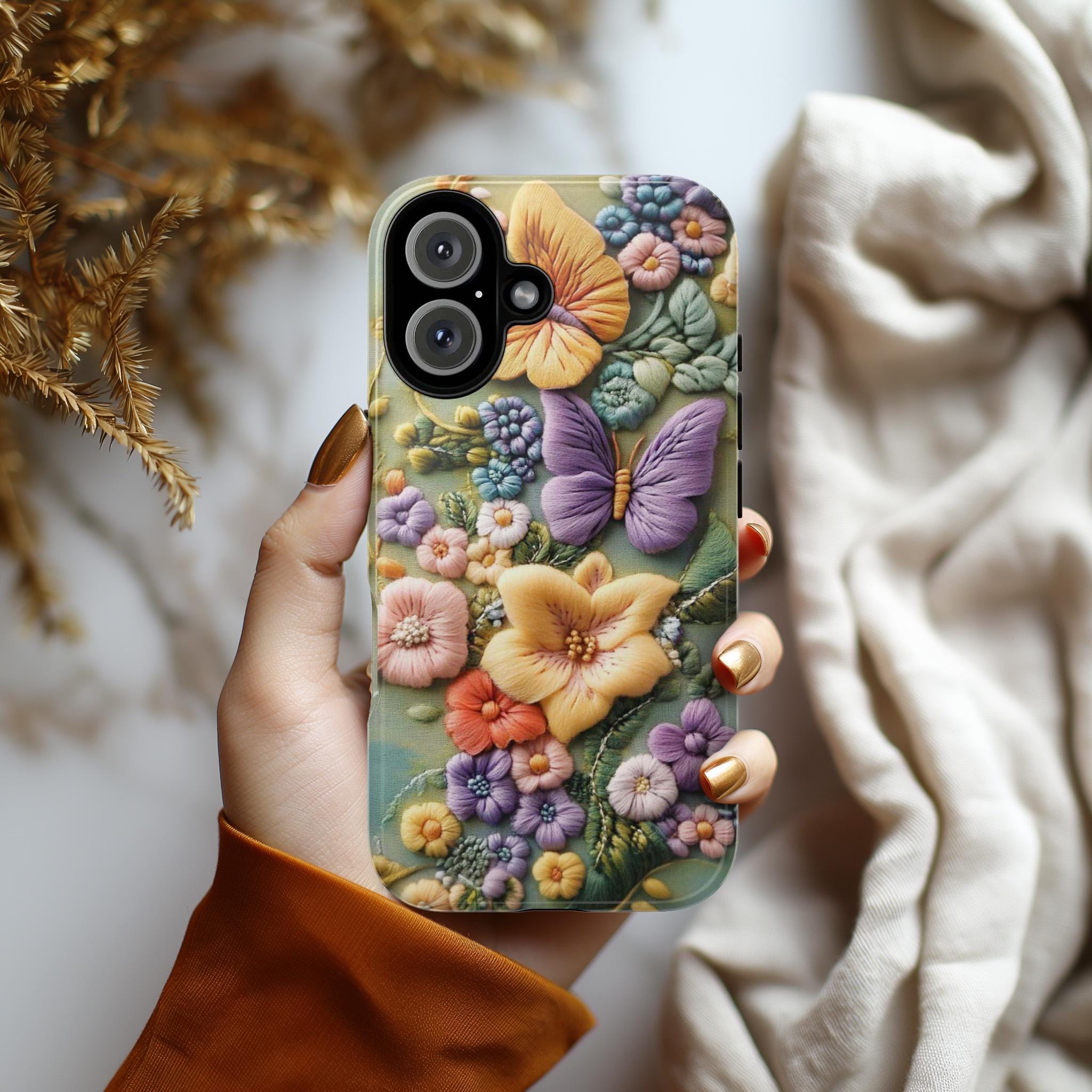 3D Embroidered effect Floral Phone Case, Botanical Flower & Butterfly Art Case for Nature Lovers iPhone Tough or Magsafe, Samsung, 452.12
