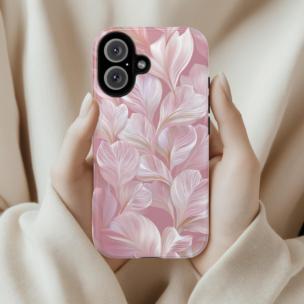 Elegant 3D Pastel Leaves Phone Case in Pale Pink | Stylish Nature Floral Phone Cover for iPhone 16 15 Tough or Magsafe, Samsung, 476.35