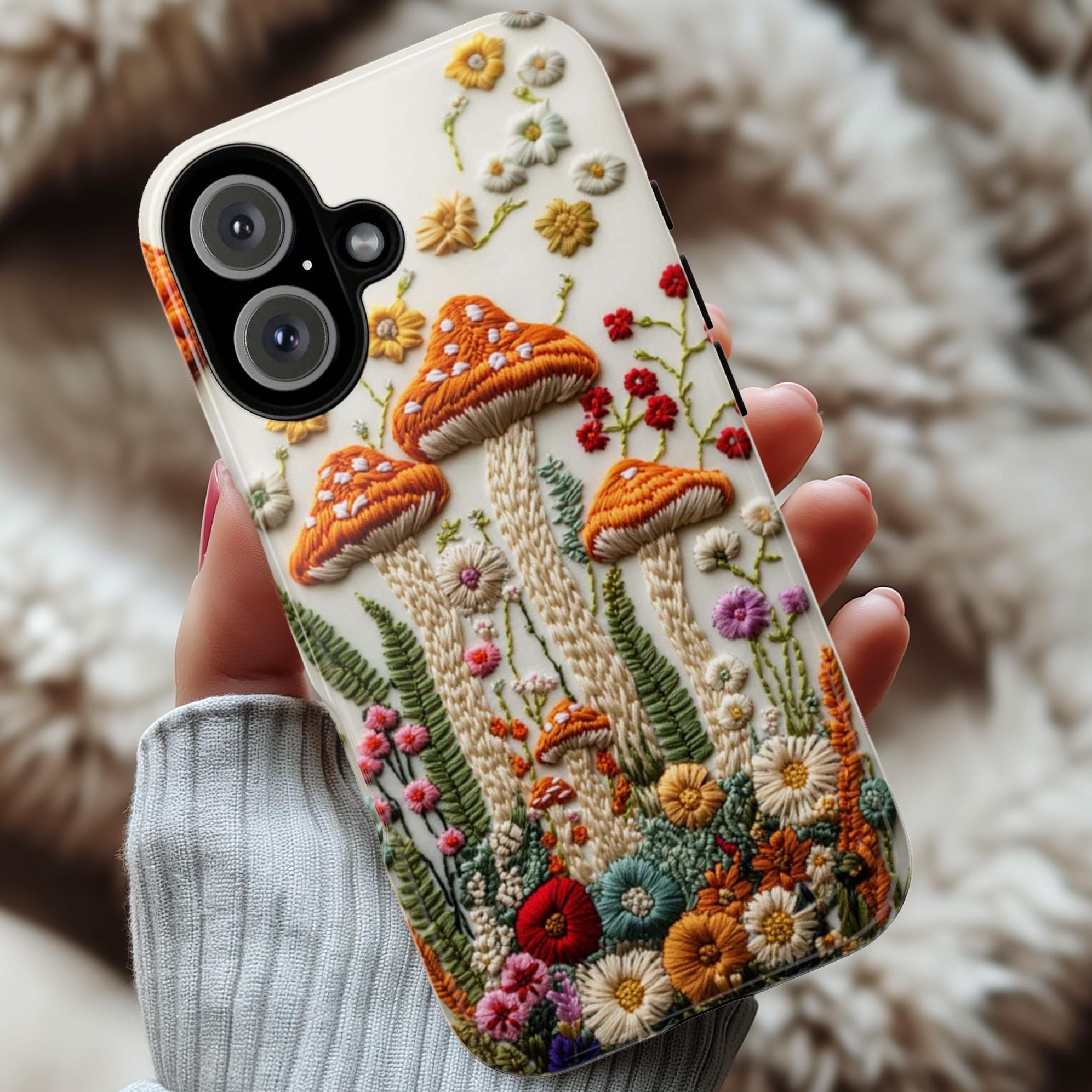 3D Embroidered Style Mushroom & Floral Phone Case, Forest Lover Gift, Woodland Case for iPhone 16 15 14 13 Magsafe, Samsung S25, 452.10
