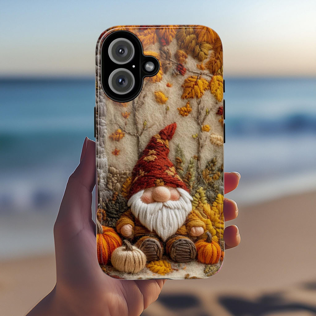 Fall Gnome Embroidery MagSafe Phone Case, Cozy Autumn Design with Fall Leaves and Pumpkins Case iPhone 16 15 14 13 12 / Samsung S24, 452.2
