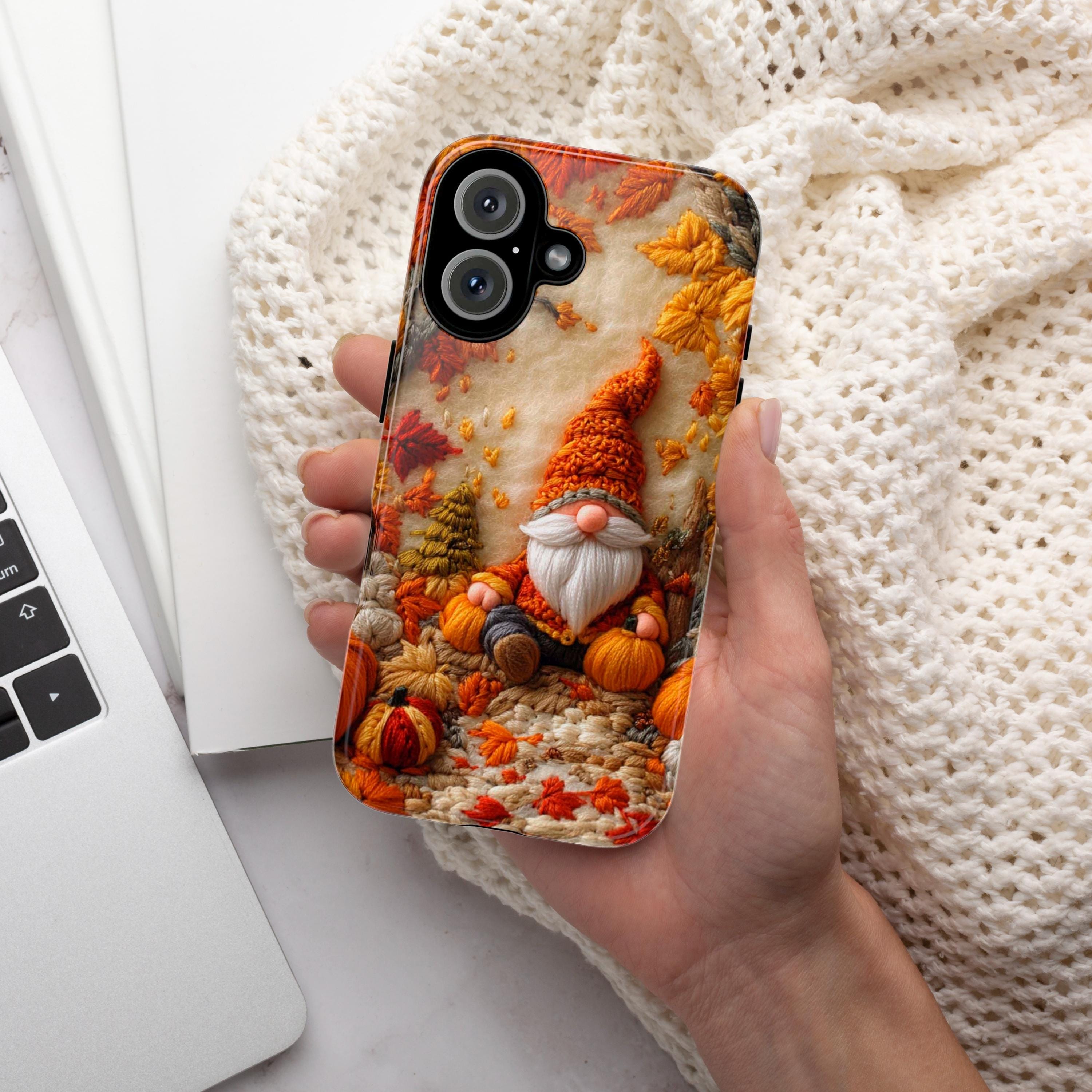 Fall Gnome Embroidery MagSafe Phone Case, Cozy Autumn Design with Fall Leaves and Pumpkins Case i Phone 15 14 13 12 / Samsung S24, 452.1