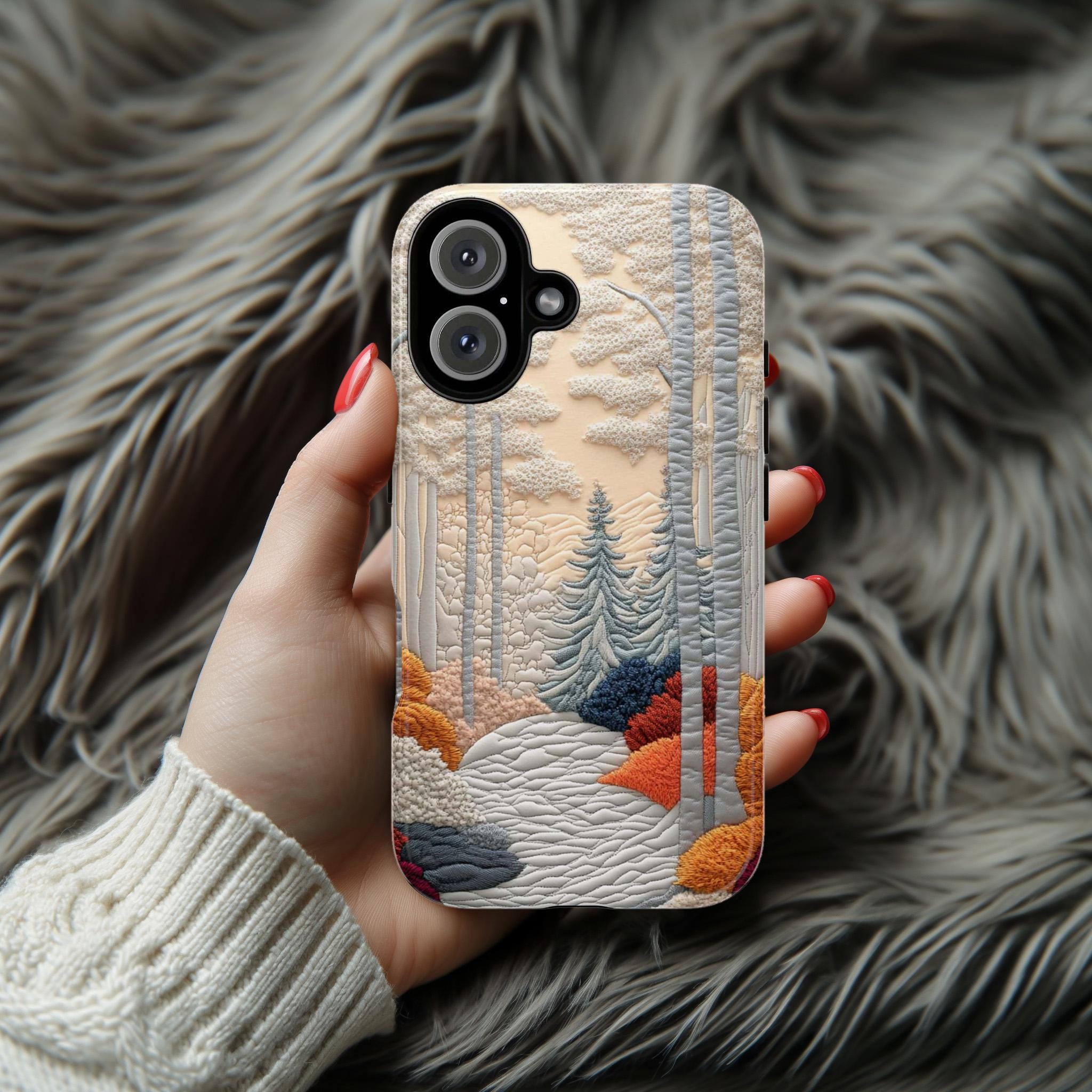 3D Embroidered Look Phone Case with Raised Forest and Winter Landscape Design, Textured Nature Scene Cover for iPhone, Samsung, 453.12