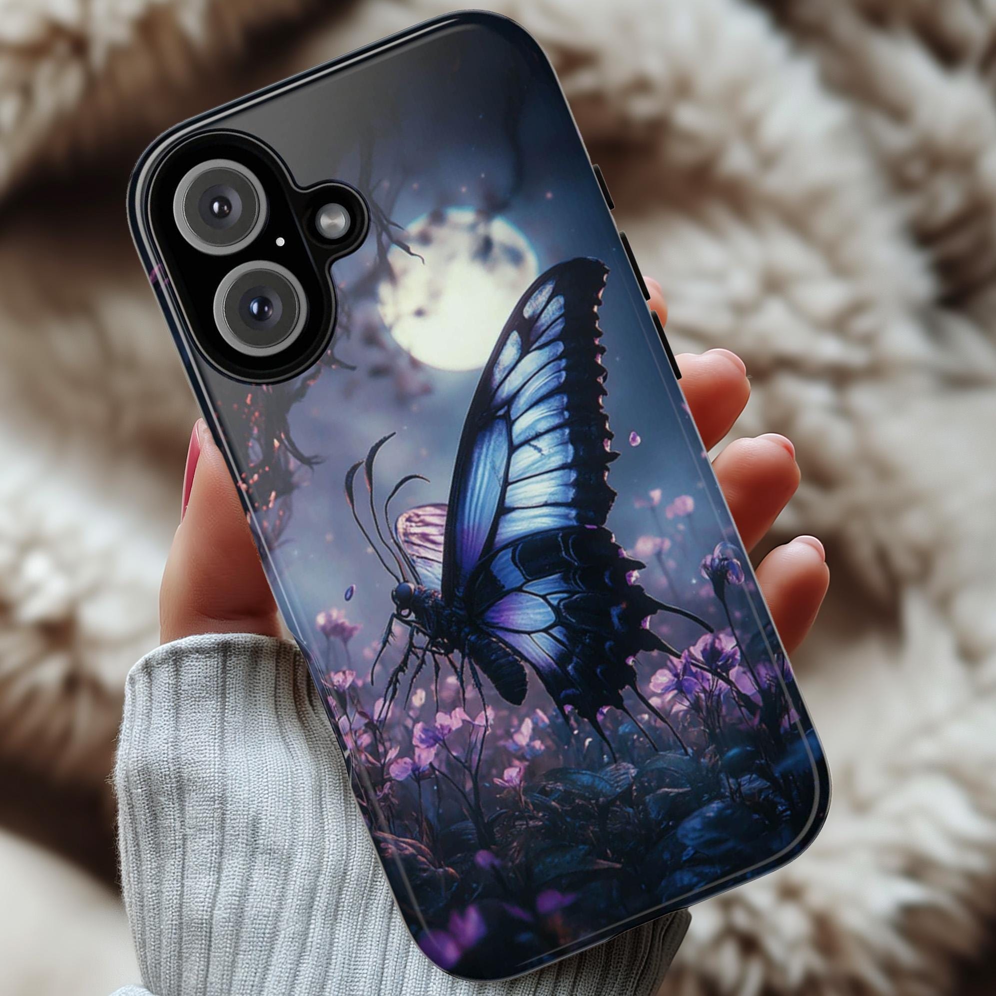 Gothic Butterfly Phone Case, Pink Flowers & Moon Design, Dark Fantasy Mystic Art Phone Cover for iPhone 16, Samsung S25, Pixel 9, 463.8