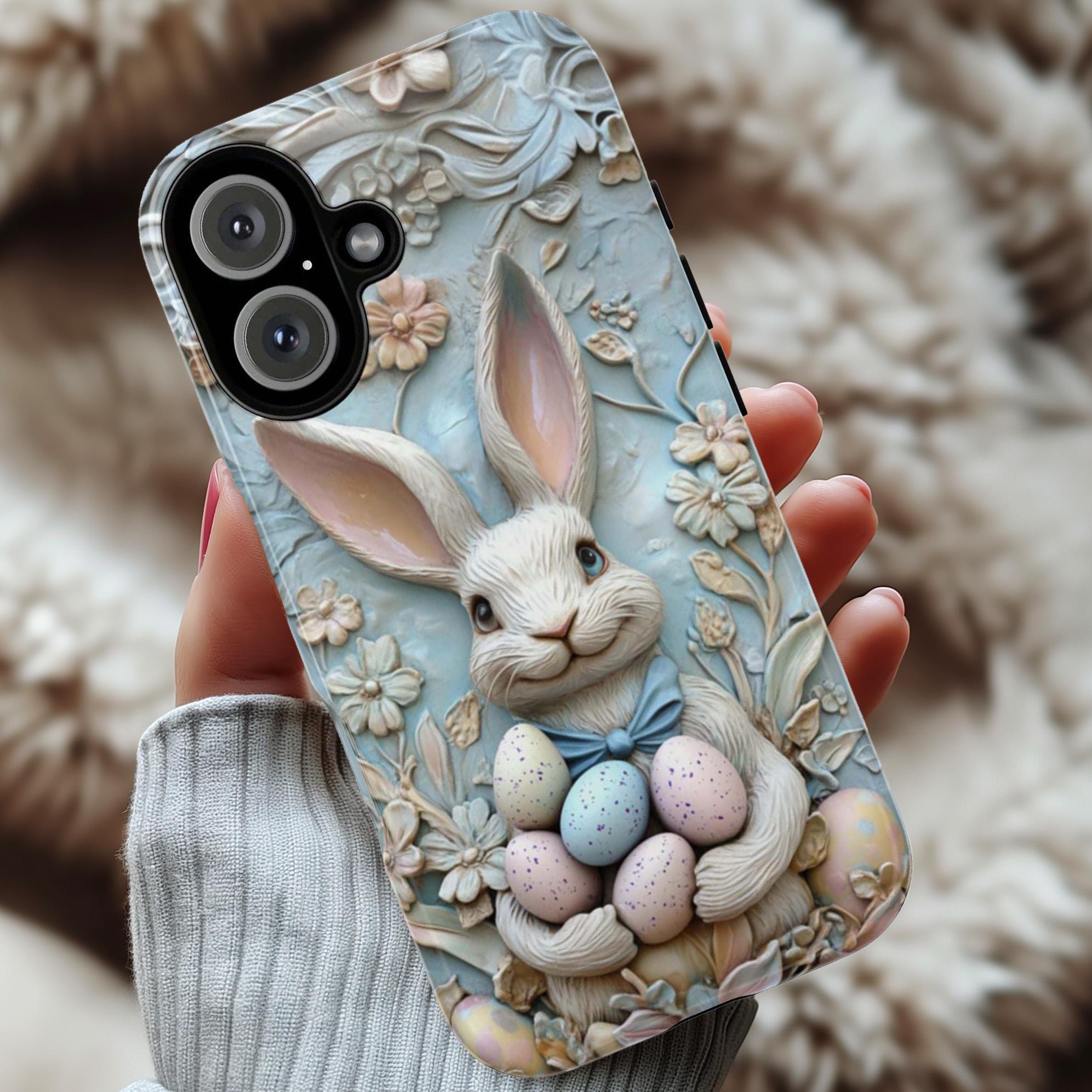 Easter Bunny & Egges 3D Style Phone Case, Spring Design Cute Pastel Rabbit Case for iPhone 16 15 14 13 Tough or Magsafe, Samsung, 464.5