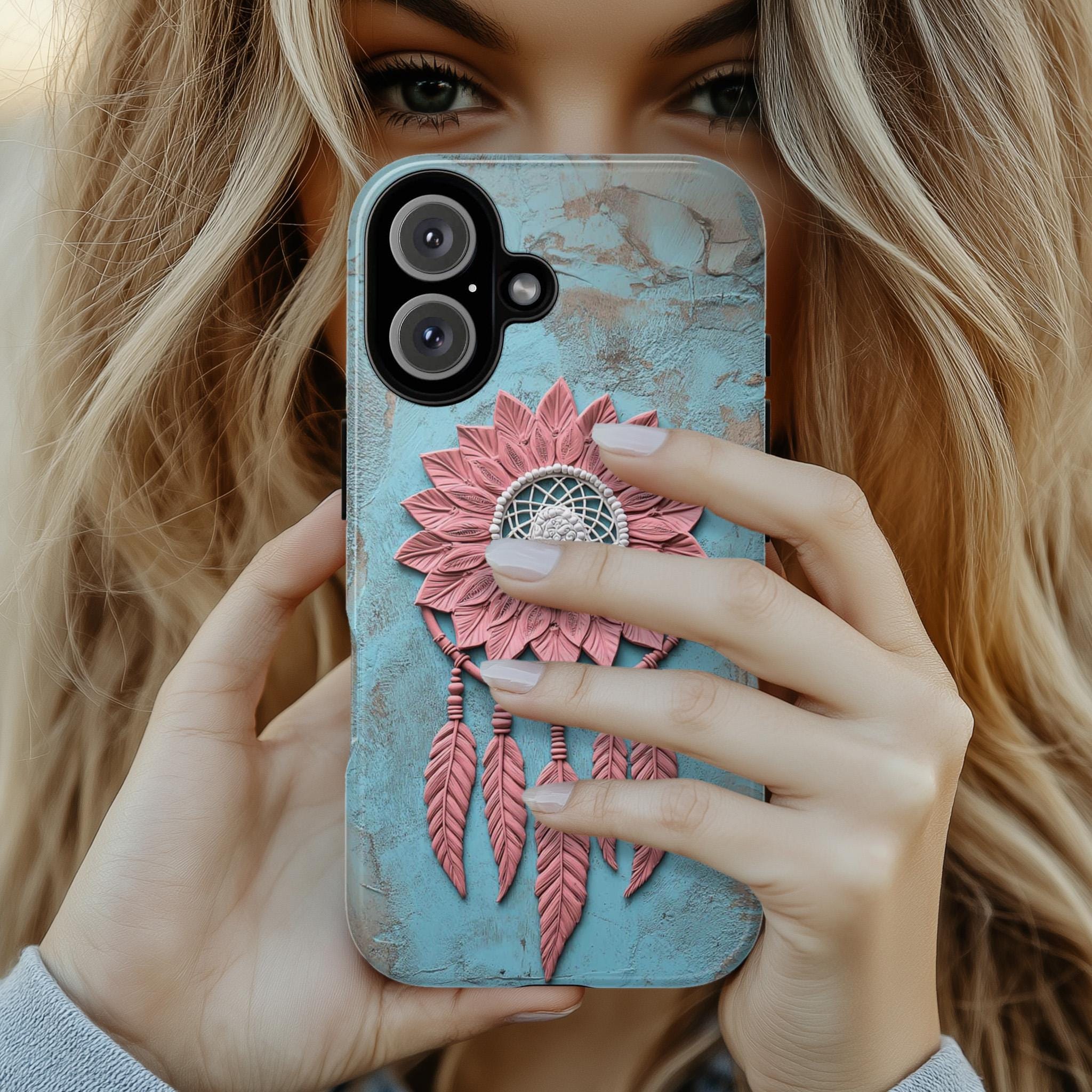 Pastel Pink and Blue Dreamcatcher Phone Case, 3D Art Design, Boho Chic Protective Cover for iPhone 16, 15, Samsung Galaxy S24, 439.20