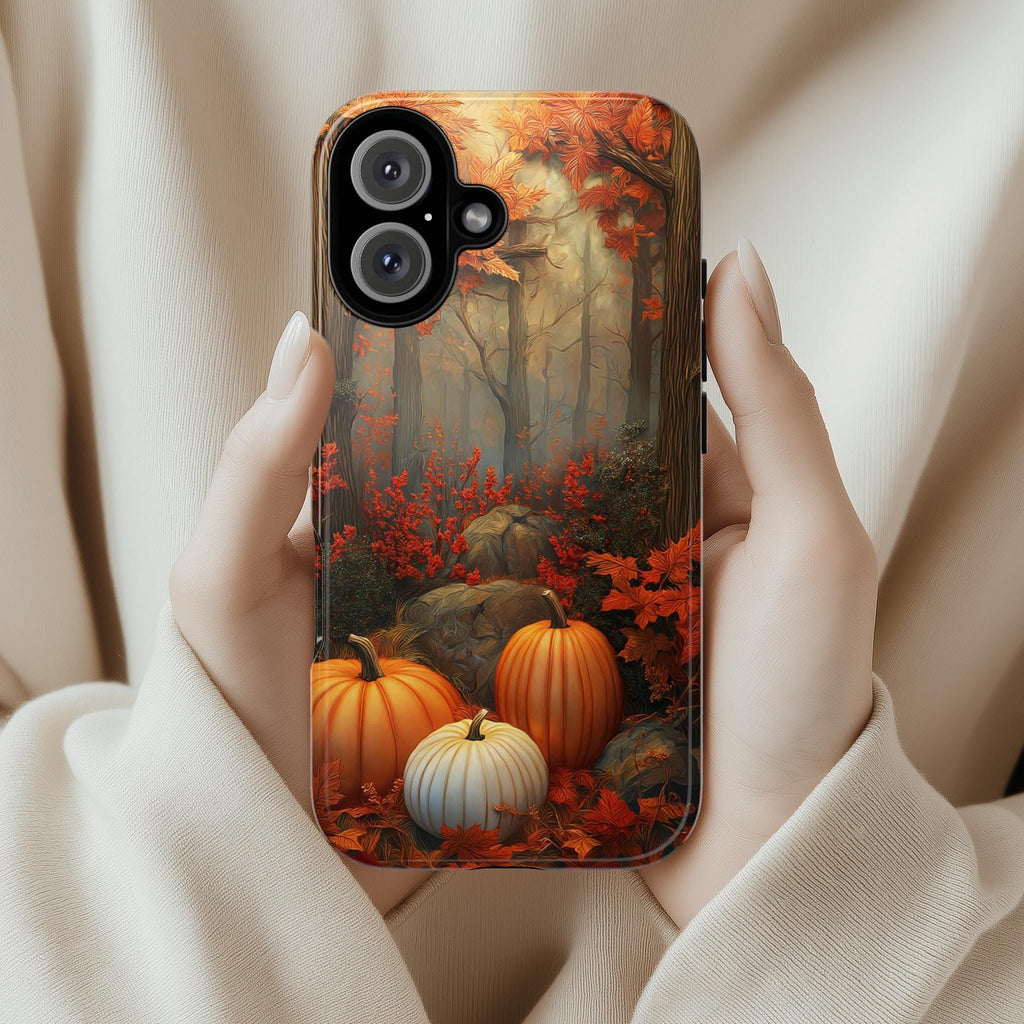 Autumn Pumpkin Forest Phone Case, Fall Natural Woodland Seasonal Fall Leaves Cover for iPhone 16 15 14 Tough or Magsafe, Samsung, 475.18