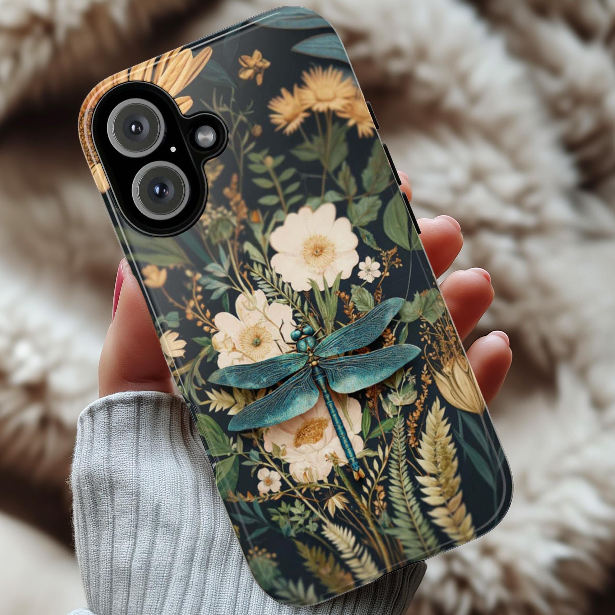 Botanical Dragonfly Phone Case with Greenery Design, Nature Inspired Plant Insect Art Romantic Vintage Cover for iPhone & Samsung, 476.23