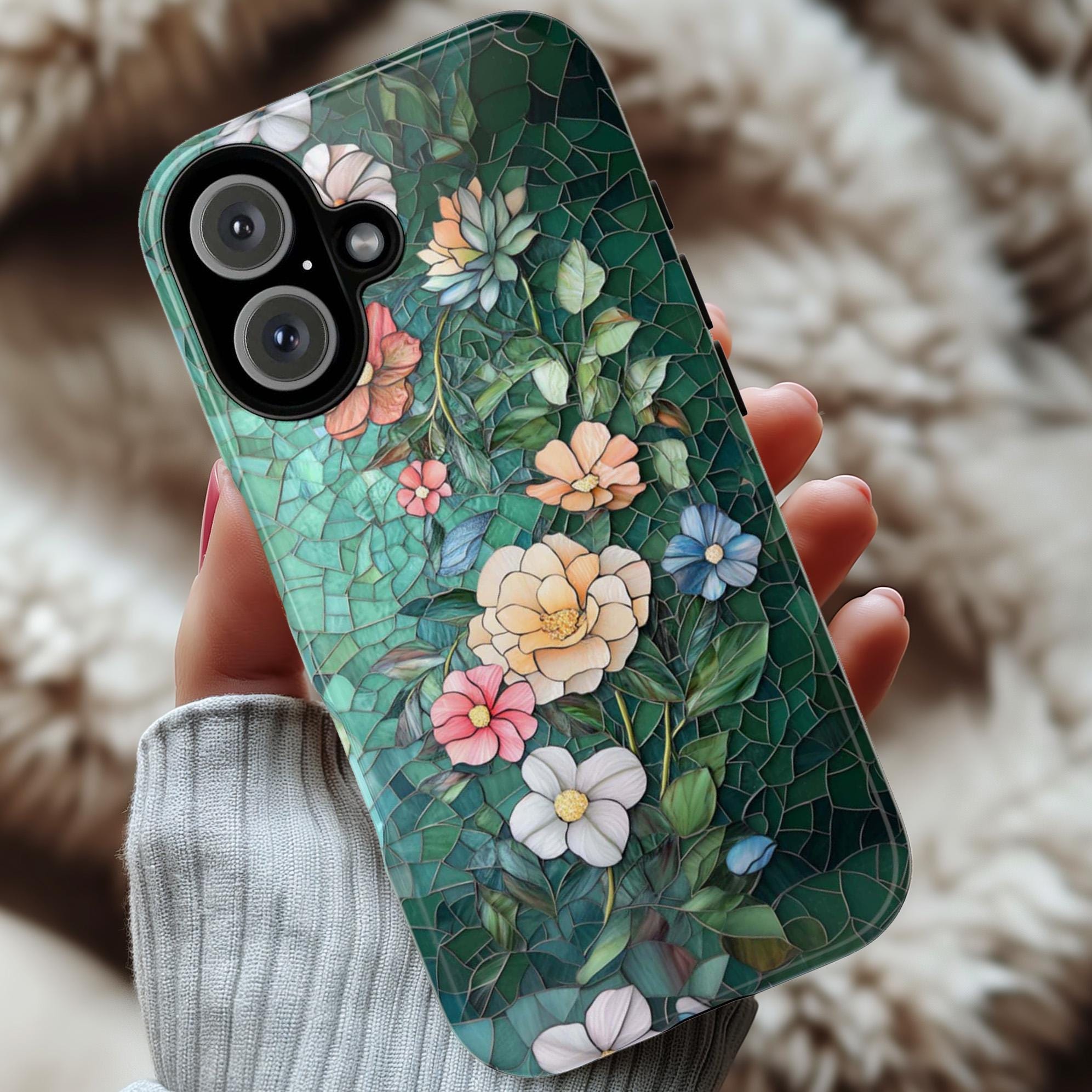 Elegant Vintage Mosaic Flowers Phone Case, Plant Lover Gift, Stained Glass Floral Case for iPhone 16 15 14 13 Magsafe, Samsung S25, 418.29