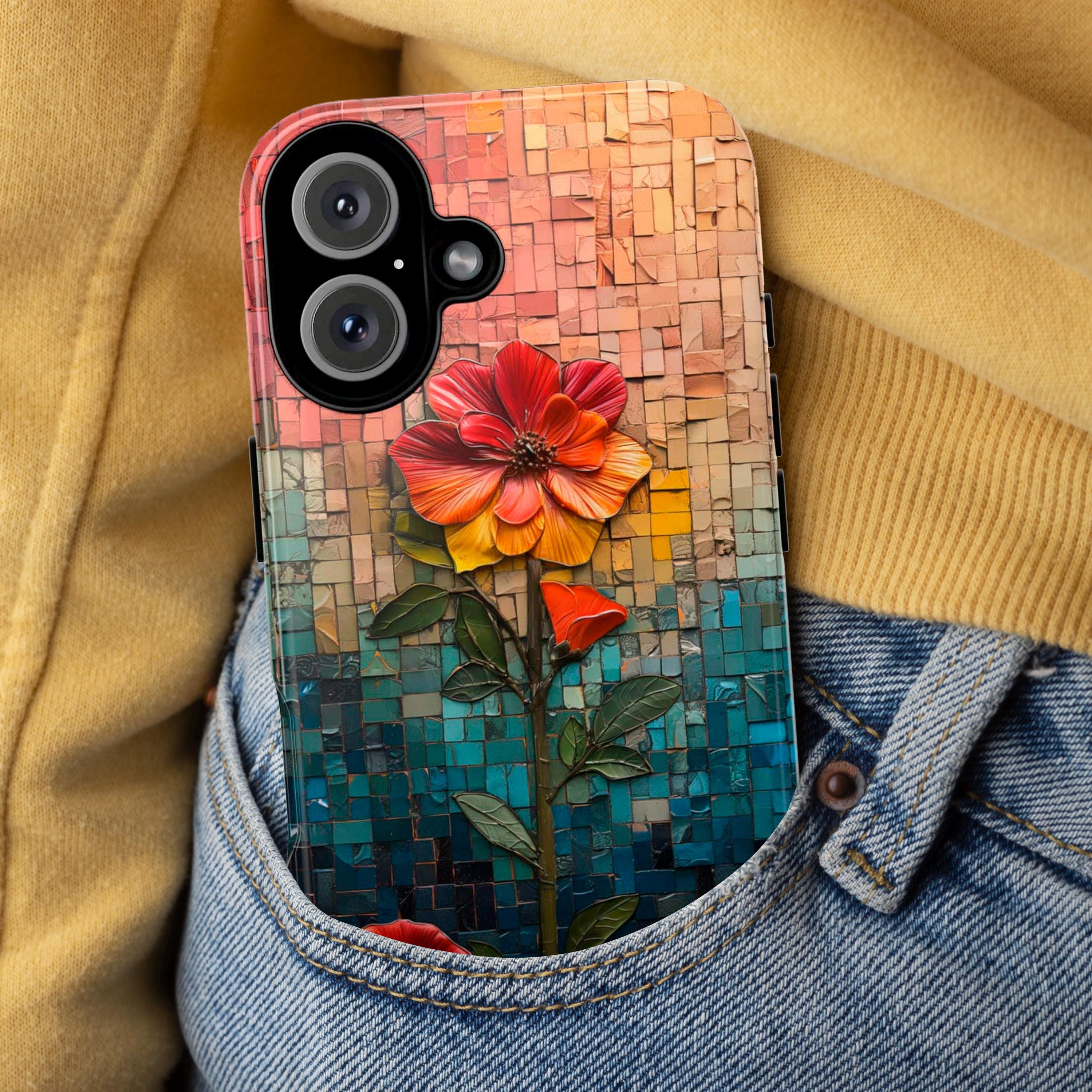 Mosaic Rainbow Floral Phone Case - Colorful Flower Artwork fit for iPhone 16 Pro Max 15 14 13 12 11 Plus, Samsung S24 Ultra S25, 418.1