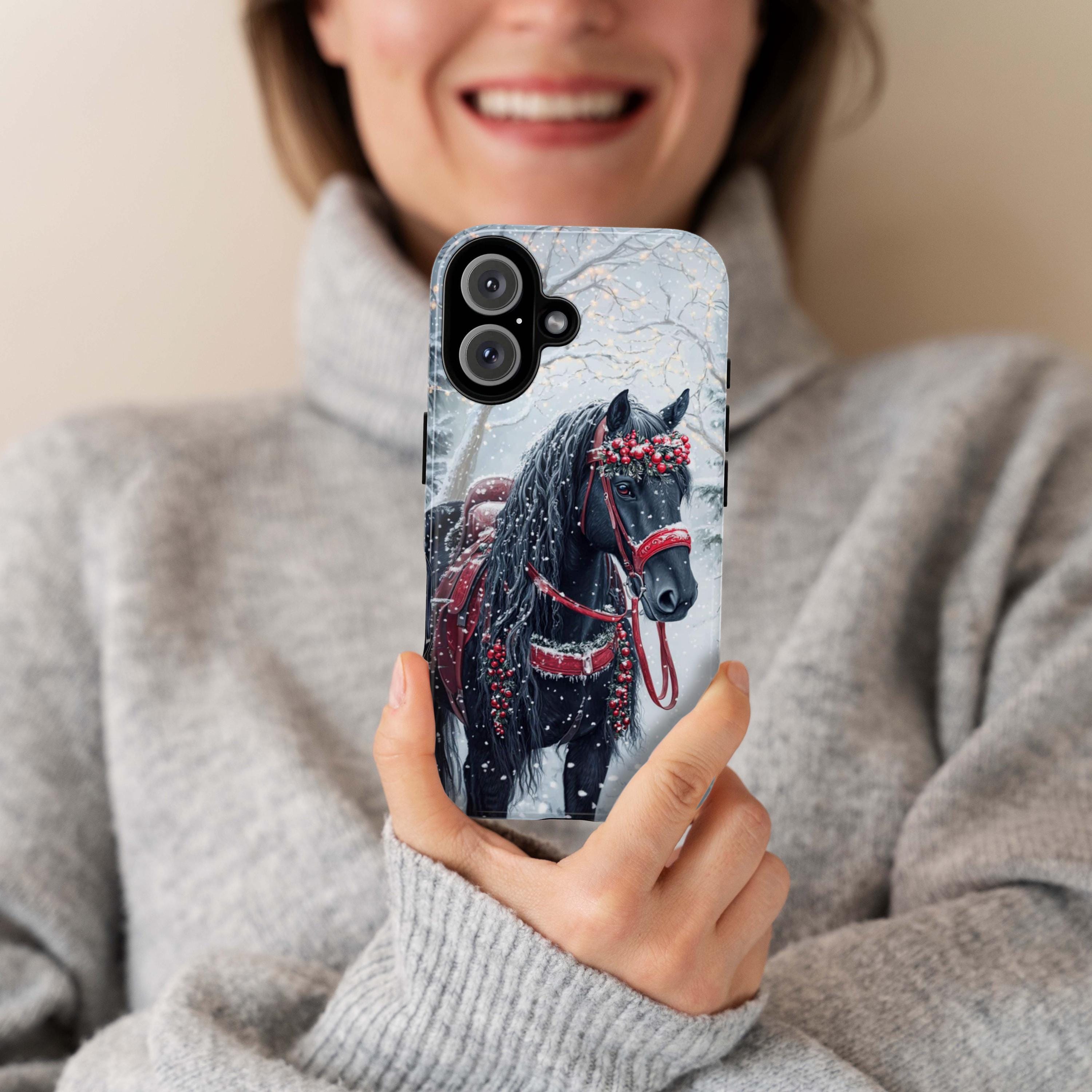 Black Horse Red Harness & Winter Forest Phone Case, Festive Christmas Cover for Horse Lovers iPhone 16 15 14 13 Magsafe, Samsung S24, 440.6