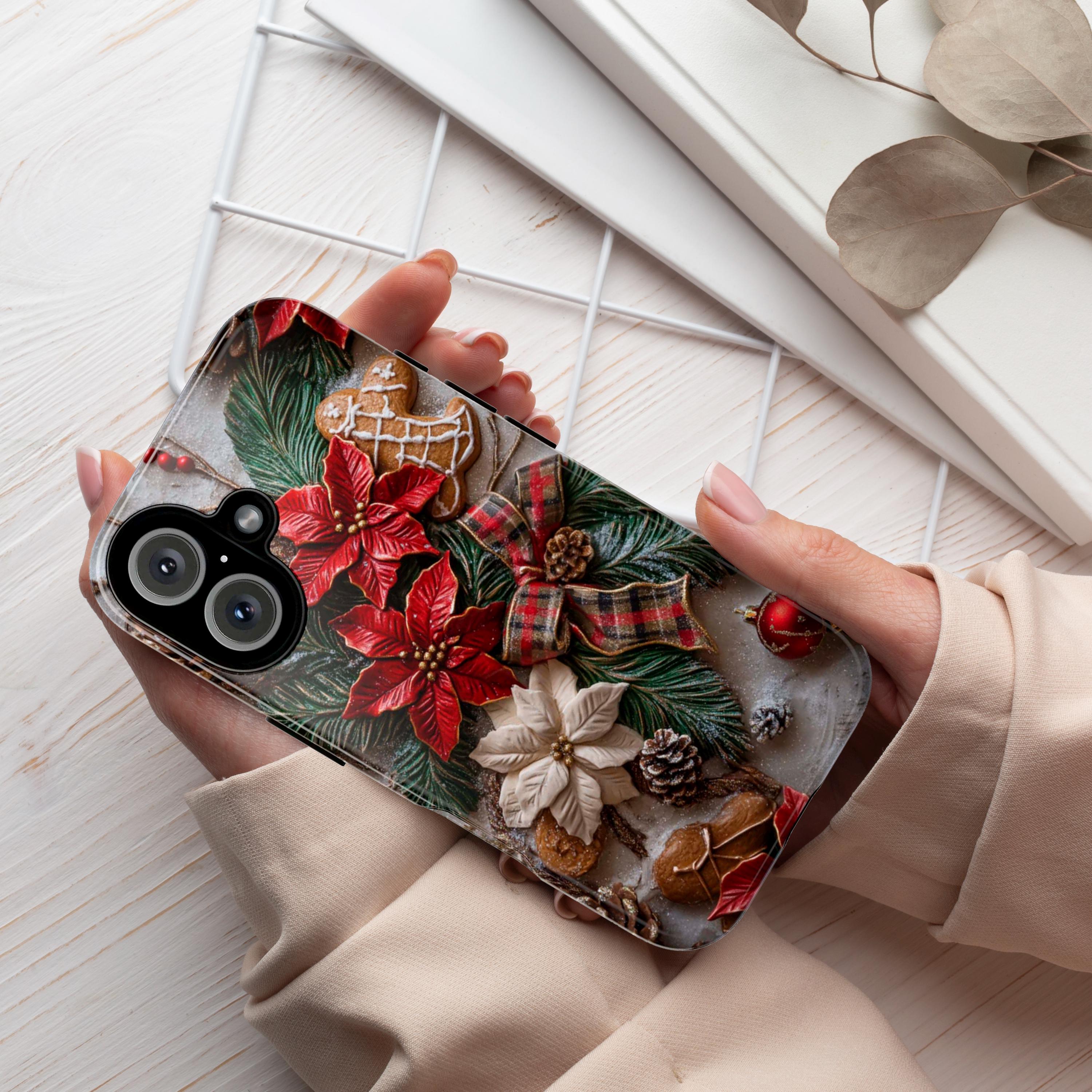 Xmas 3D Poinsettia Floral Phone Case, Holiday Red Green Brown light glitter effect for iPhone 16 15 14 13 Magsafe Plus, Samsung S24, 437.3
