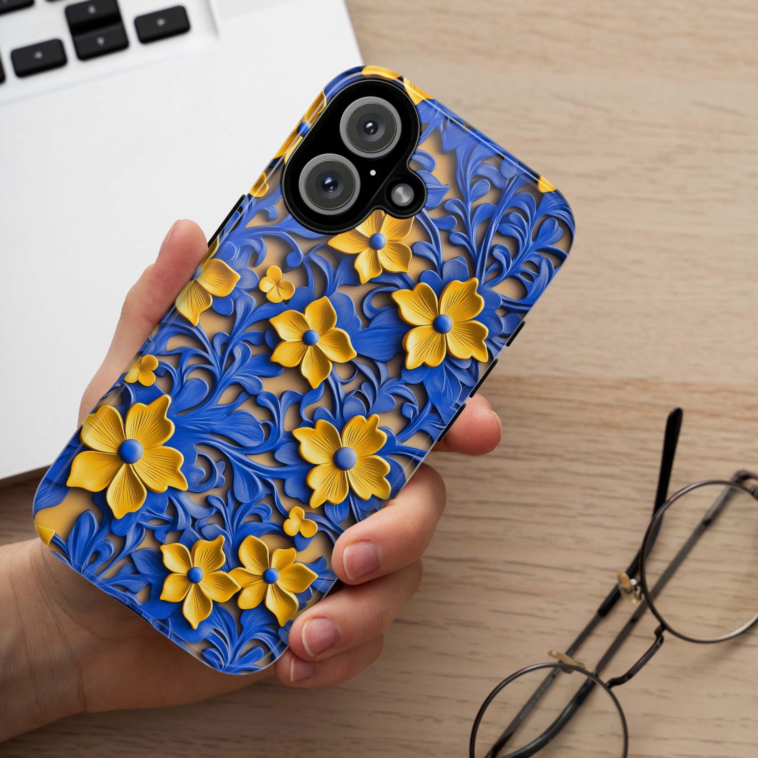 3D Moroccan Floral Blue Yellow Phone Case, Vibrant Colorful Marrakesh Design, Fine Art Phone Case for iPhone 16 15 14 13, Samsung S24, 456.3