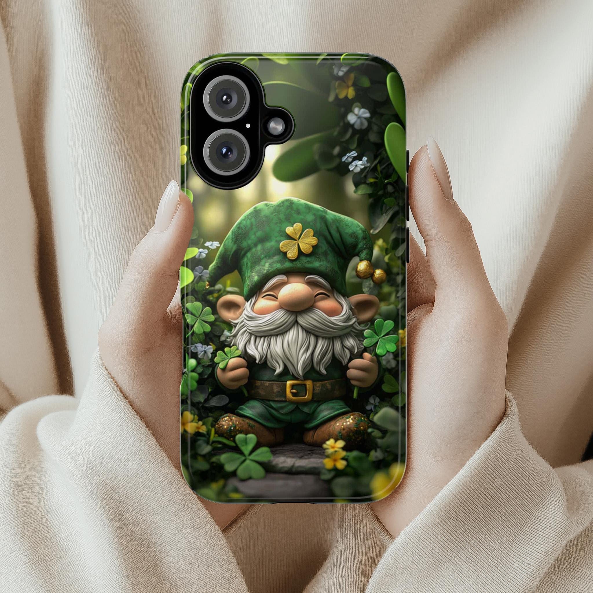 St. Patrick's Day Phone Case with Green Gnome and Shamrocks, Lucky Irish Inspired Cover for iPhone 16, 15, Samsung Galaxy S24, 457.1