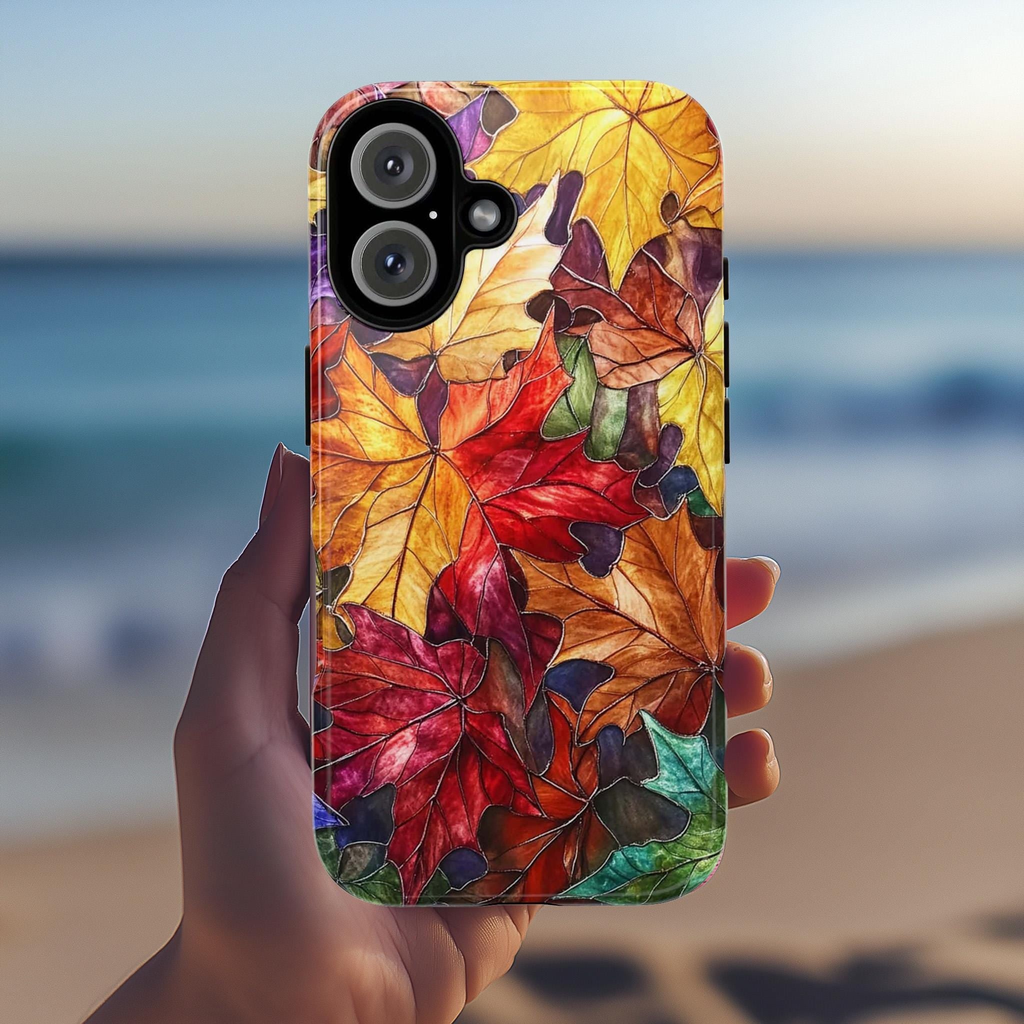 Colorful Fall Leaves Stained Glass Phone Case | Vibrant Autumn Design for iPhone 16 Pro Max 15 14 13 12 Plus Mag Safe, Samsung S25, 416.5