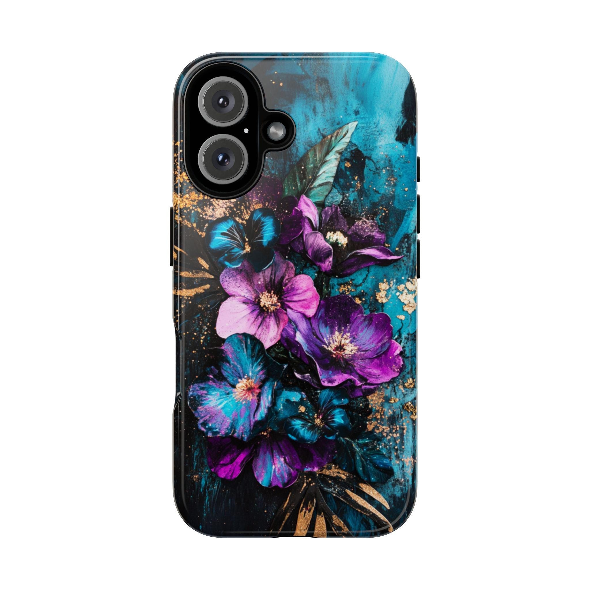 Purple Floral Art Phone Case, Glitter Blossom Painted Design, Teal Floral Case iPhone 16 15 14 13 Pro Max Plus Magsafe, Samsung S24, 436.1