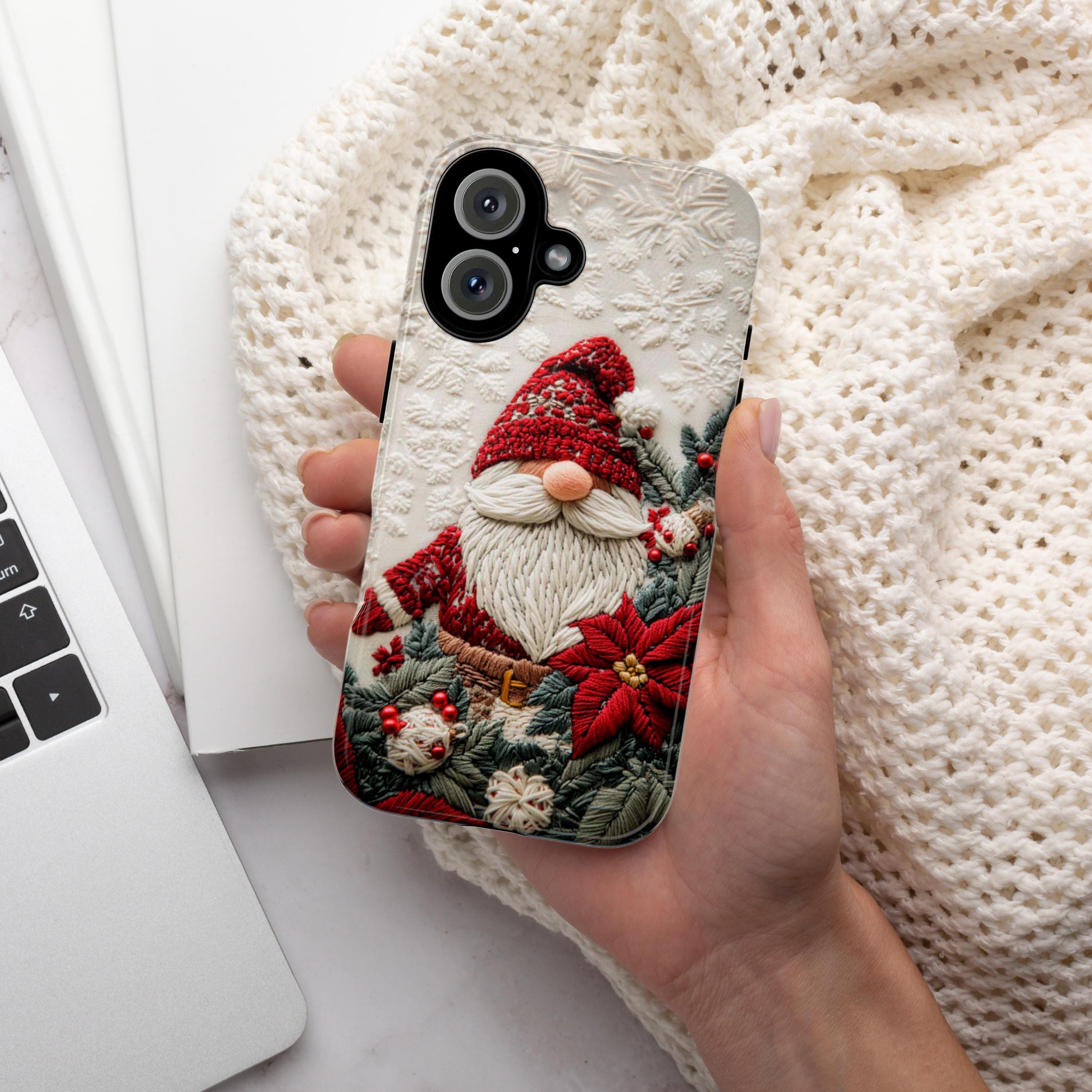 Christmas Gnome Phone Case, Poinsettia Florals Festive Holiday Gnome Design Snow Cover for iPhone 17 16 15 Tough or Magsafe, Samsung, 444.8