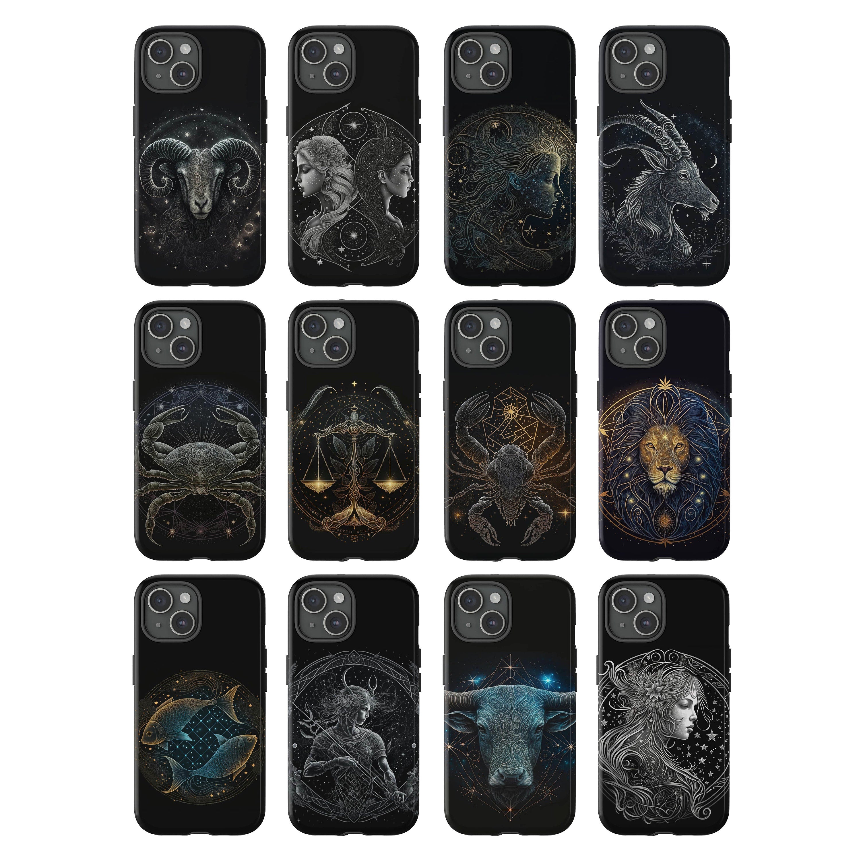 Horoscope Phone Case, Mystic Zodiac Cell Phone, Celestial Astrology Cover for iPhone 16 15 14 13 Pro Max Plus /Samsung Galaxy S25, JC310