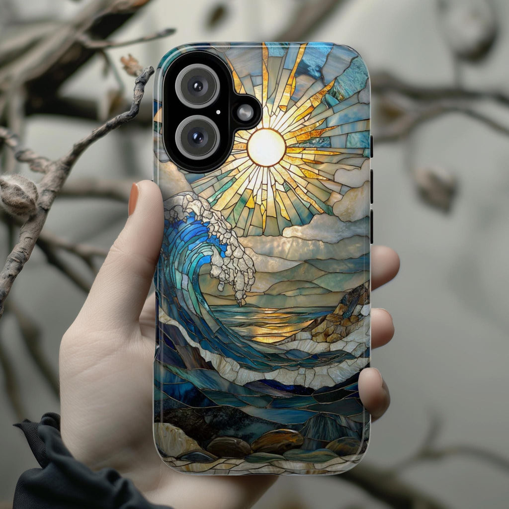 Stained Glass Sunset Ocean Phone Case, Sea-Wave Inspired Cover, Beach Lovers Gift Case Tough or Magsafe for iPhone 16 15 14 13, 455.12