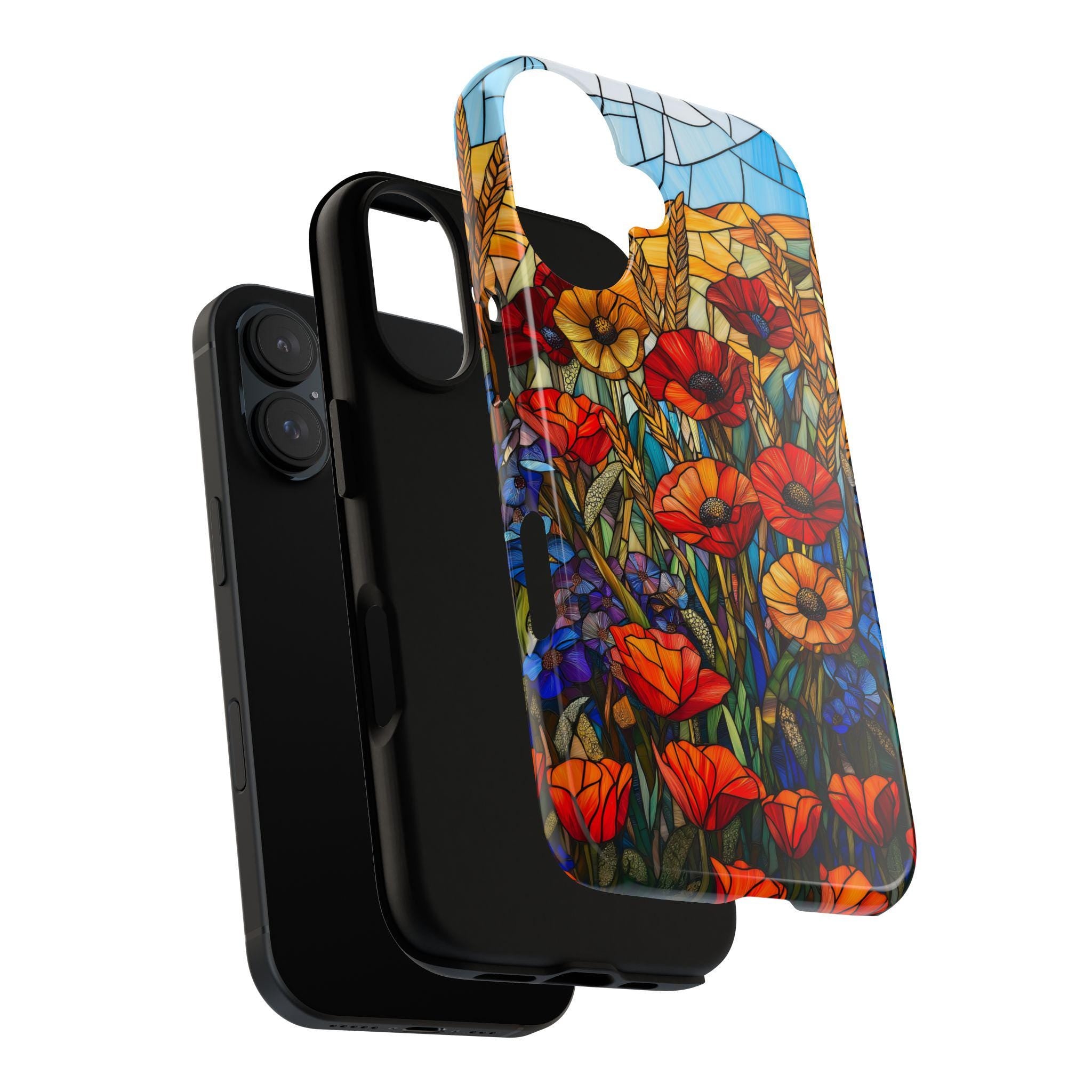 Stained Glass Poppies, CornFlowers Phone Case, Golden Wheat Field Phone Cover for iPhone 16 15 14 13 Pro Magsafe Samsung Galaxy S24, 418.21