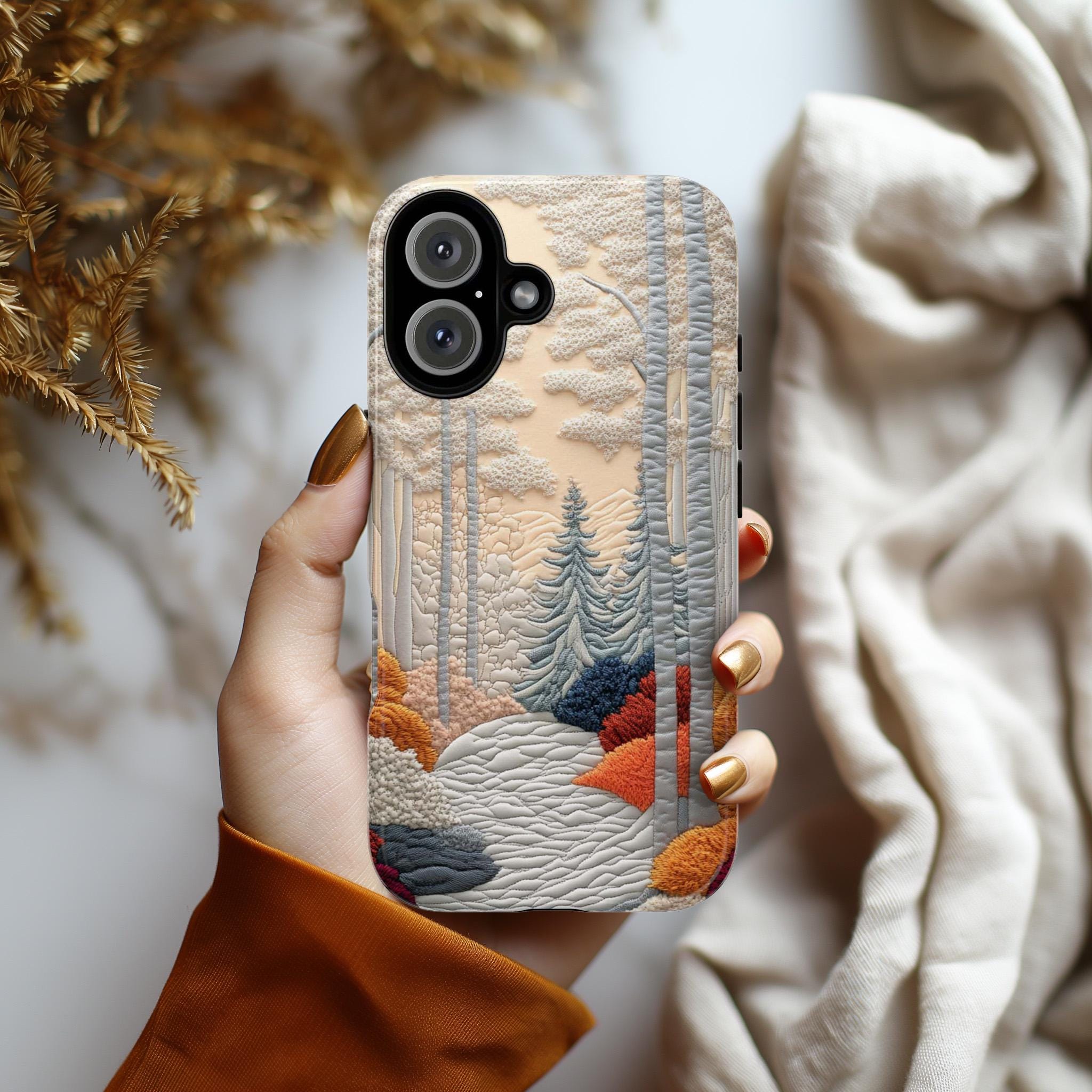 3D Embroidered Look Phone Case with Raised Forest and Winter Landscape Design, Textured Nature Scene Cover for iPhone, Samsung, 453.12