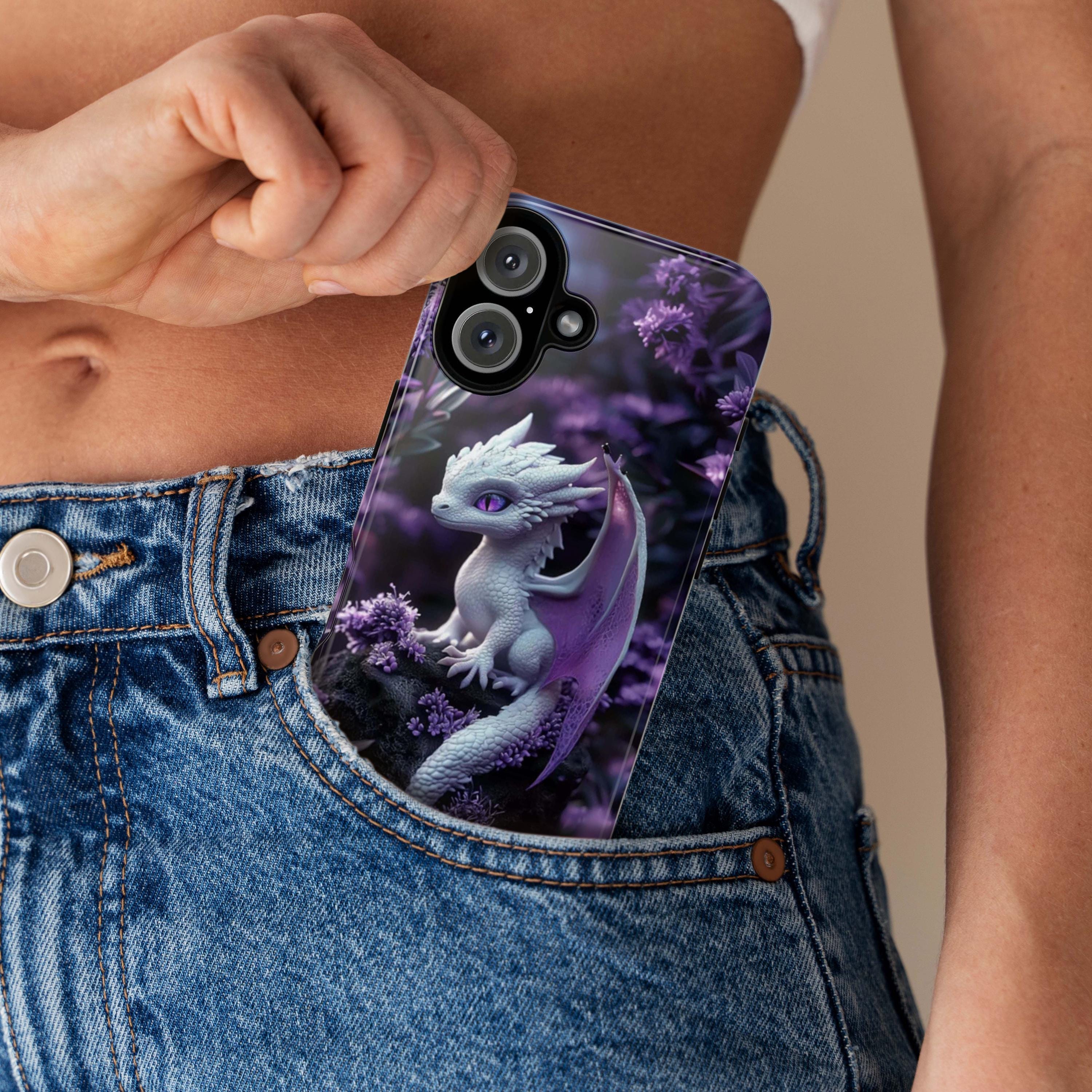 Cute 3D effect Baby Dragon Purple Floral Phone Case | White Baby Dragon Phone Cover for iPhone 16, 15, 14, 13 Tough or Magsafe, 421.9