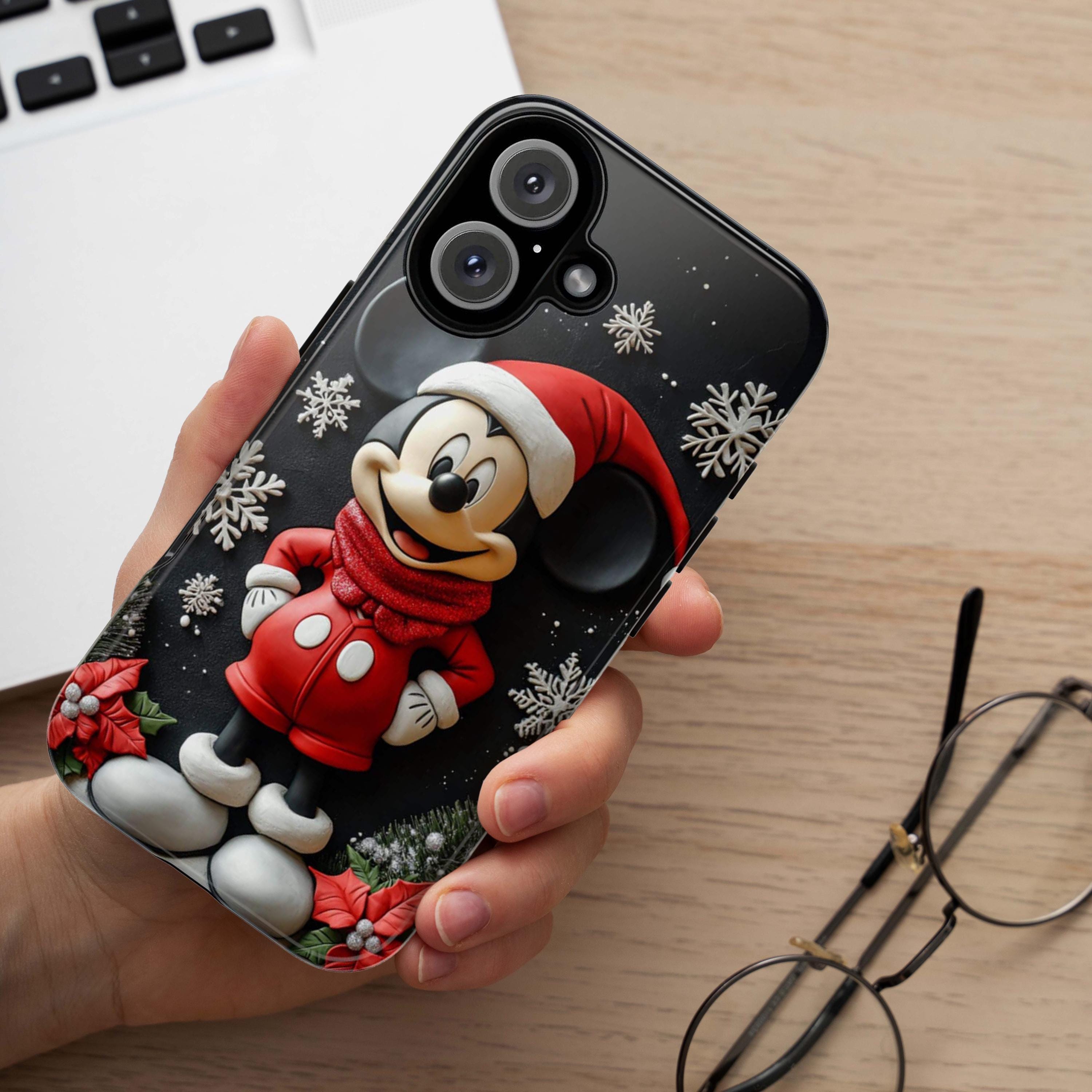 Santa Mickey Mouse 3D effect Phone Case, Cartoon Design, Disney Christmas Poinsettias Case for iPhone 16 15 Magsafe, Samsung S24, 442.23
