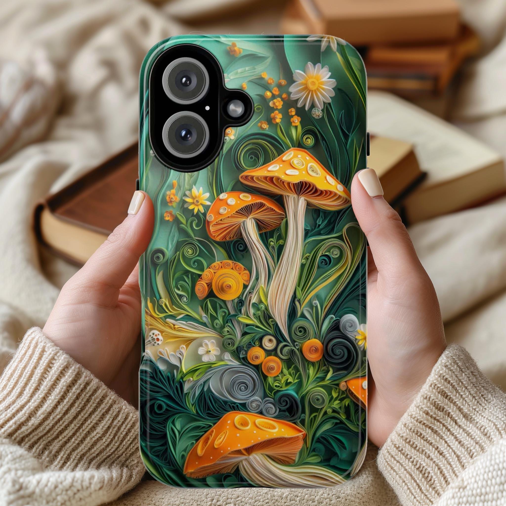 Colorful Forest Mushroom Phone Case with Paper Art Design, Woodland & Nature Lovers for iPhone 16 15 14 13 Tough or Magsafe, Samsung, 470.11