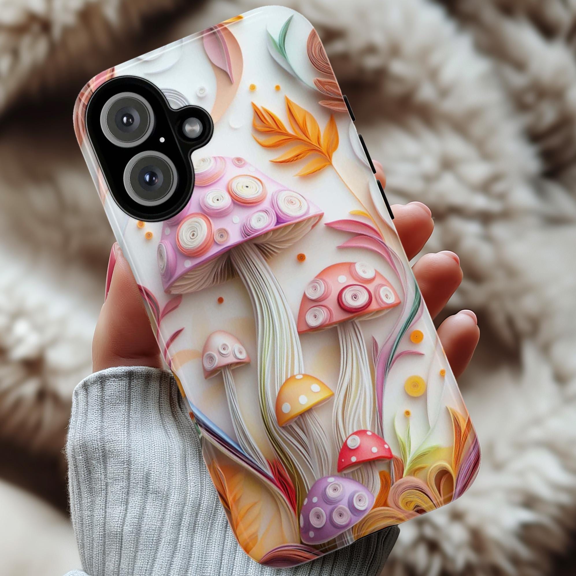 3D Paper Art Mushroom Phone Case with Colorful Botanical Design, Mushroom and Plant Lovers Case for iPhone Tough or MagSafe, Samsung, 470.10