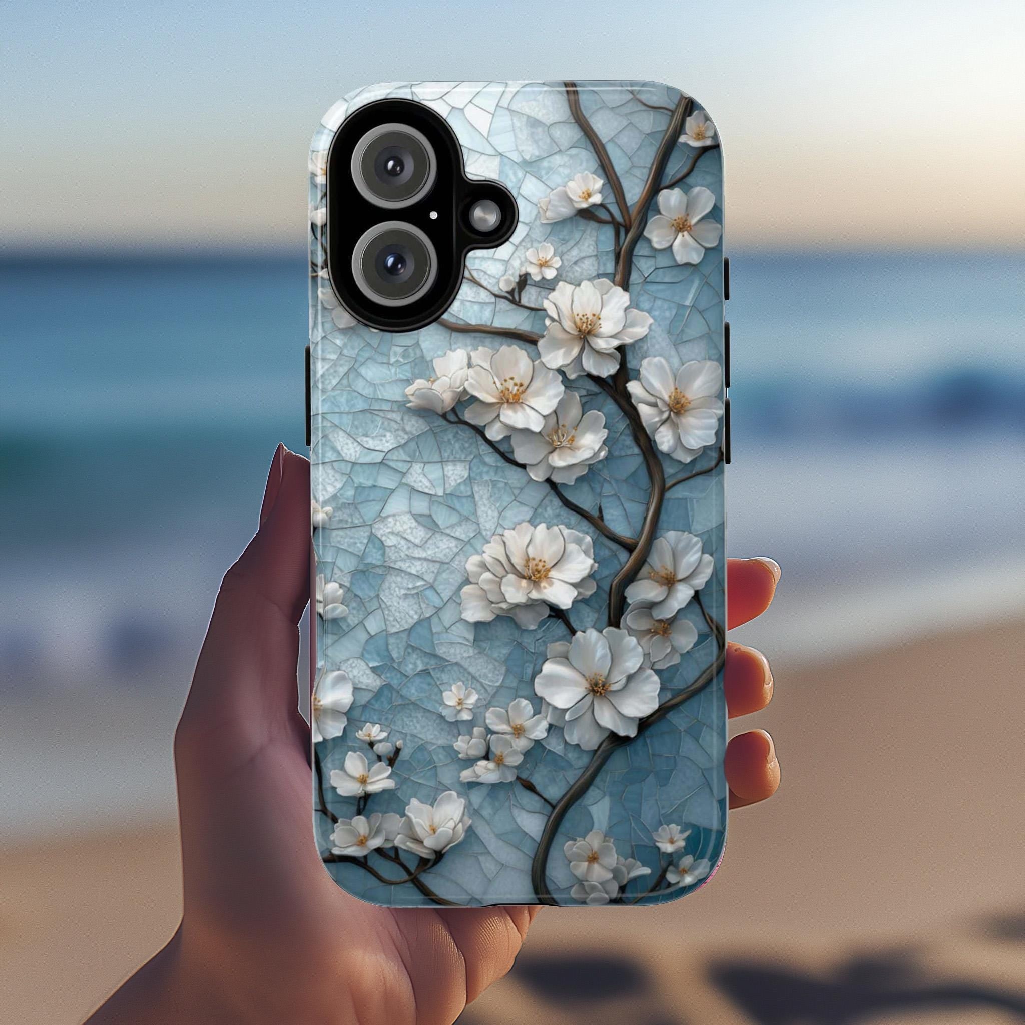 Cozy Cherry Blossom Stained Glass Mosaic Phone Case, Artistic Protective Cover for iPhone 16, 15, 14, 13 Tough or Magsafe, Samsung, 418.26