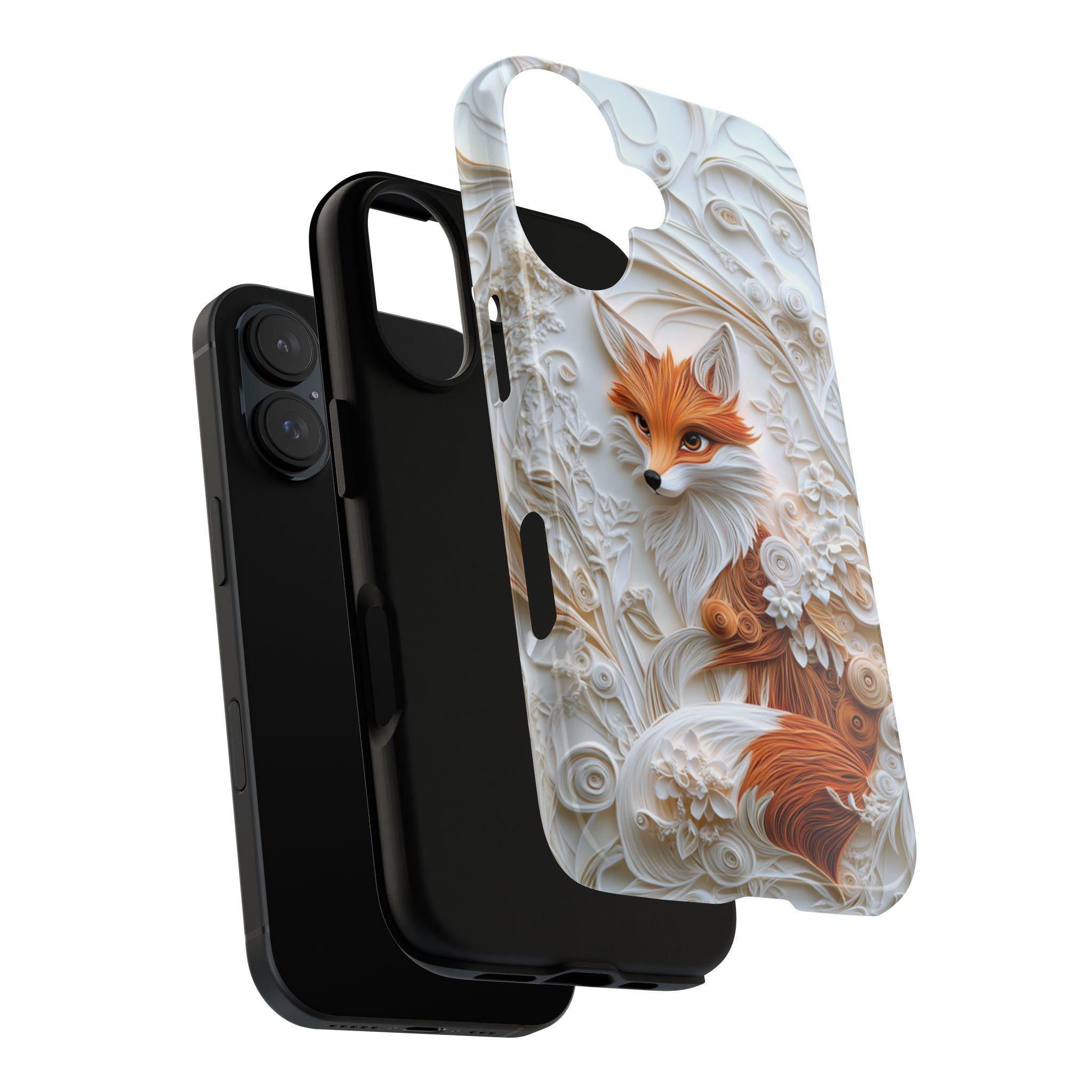 Fox and Floral Paper Art Phone Case, 3D Textured Fox Lover Gift Phone Cove, Artistic Paper Style Cover for iPhone Tough or MagSafe, 470.13