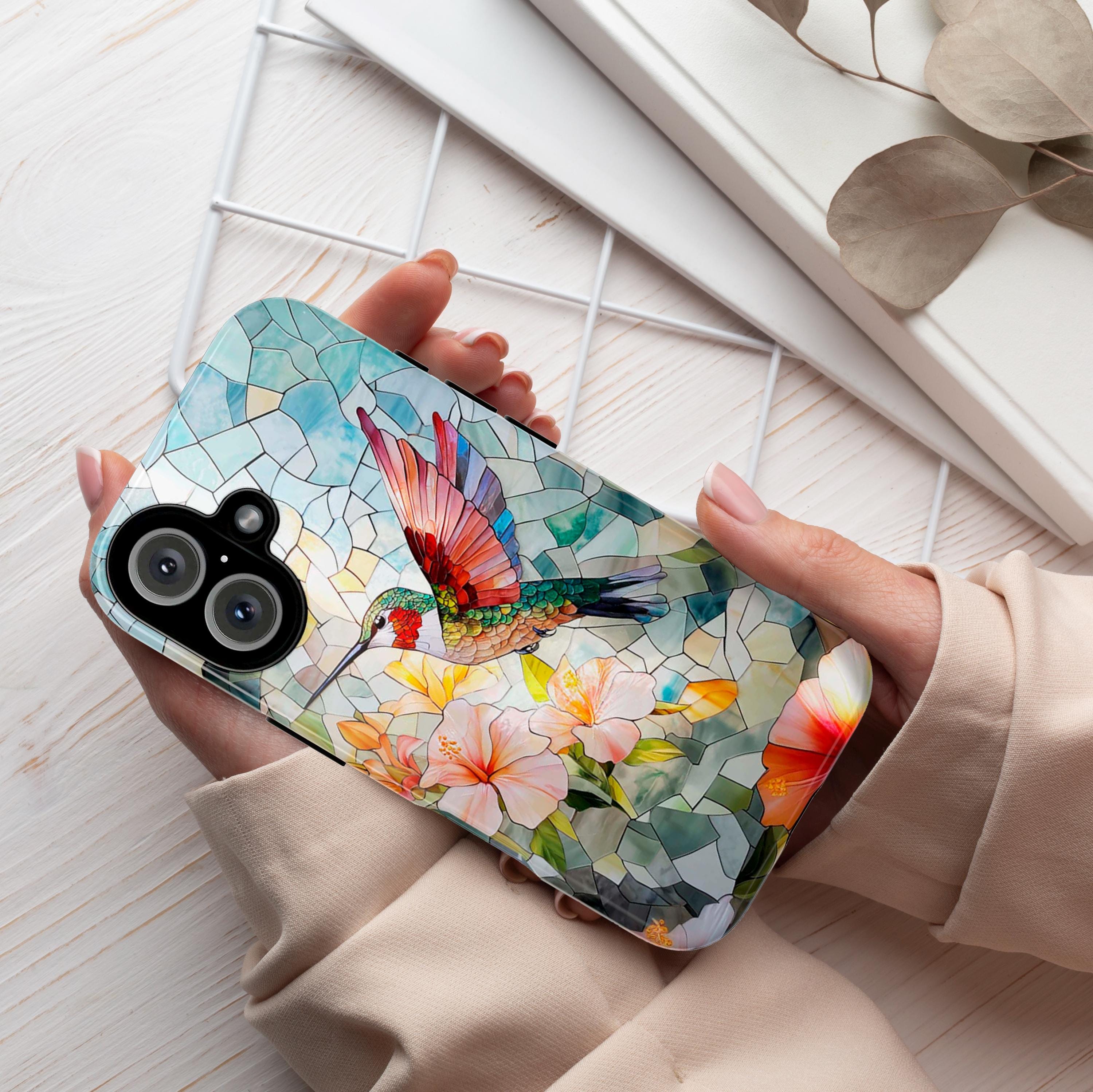 Stained Glass Mosaic Hummingbird Phone Case | Colorful Tropical Floral Design for iPhone 16 Pro Max 15 14 Plus Mag Safe, Samsung S25, 419.4