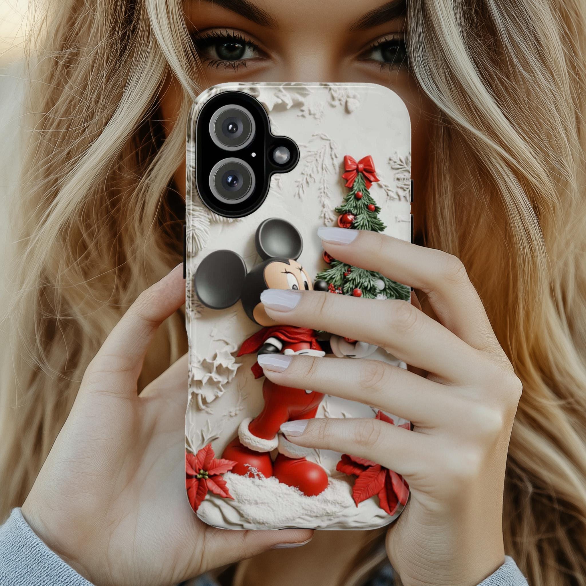 Santa Mickey Mouse 3D effect Phone Case, Cartoon Xmas Design, Mickey Christmas Tree Phone Case for iPhone 16 15 Magsafe, Samsung S24, 442.11