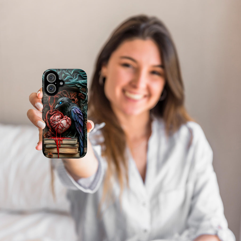 3D Raven, Books and Heart Dark Gothic Phone Case, Dark Academia Mystical Cat Phone Cover for iPhone 16, 15, 14, Samsung Galaxy, 423.7