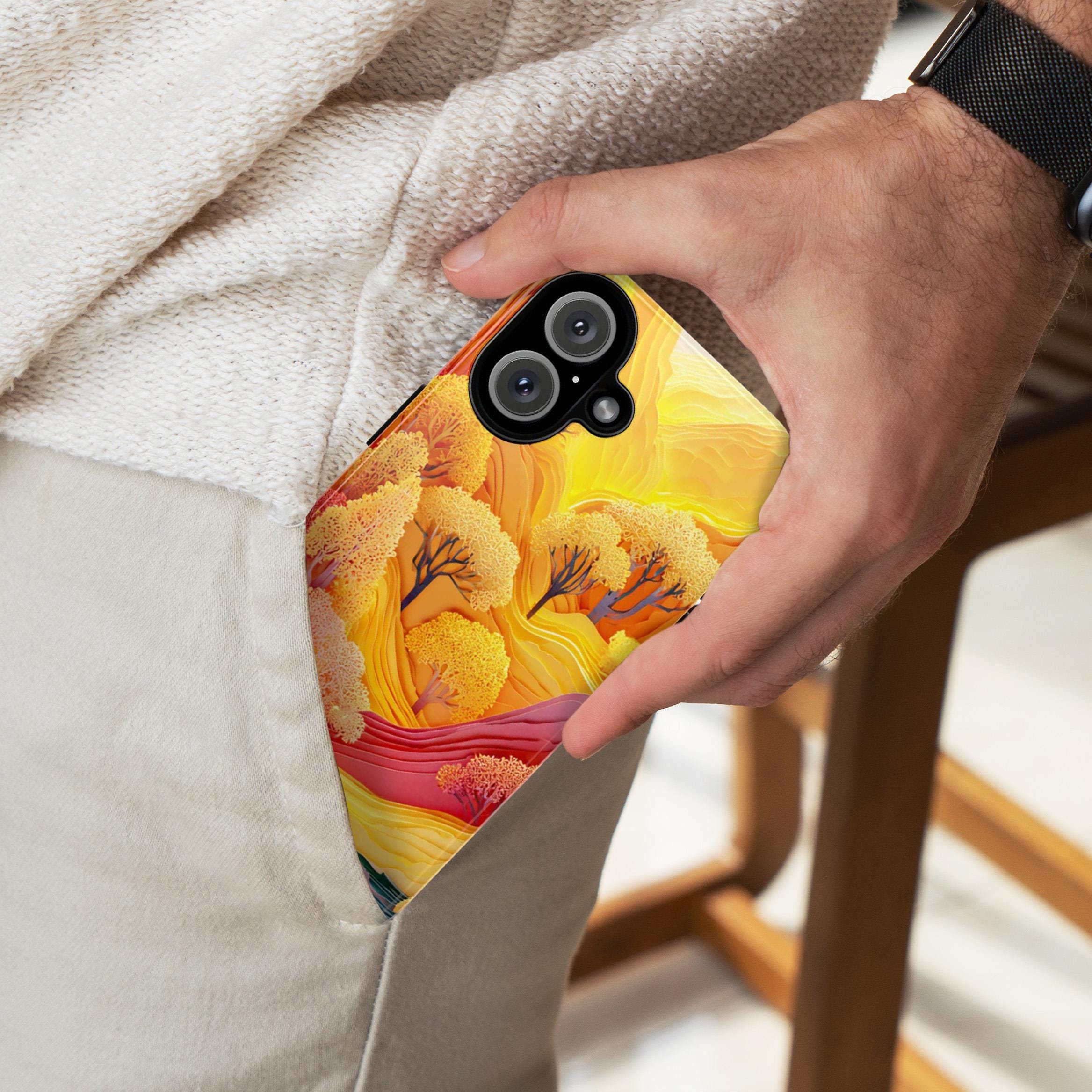 3D Paper Art Phone Case, Autumn Forest & Mountain Cover, Yellow Orange Fall for iPhone 16 15 14 13 Tough or Magsafe, Samsung, 470.15