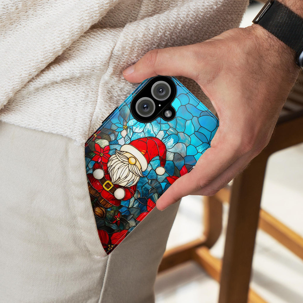 Holiday Santa & Poinsettia Stained Glass Winter Phone Case, Xmas Gnome and Floral Design MagSafe for iPhone 16 15 14 13, Samsung S24, 427.7