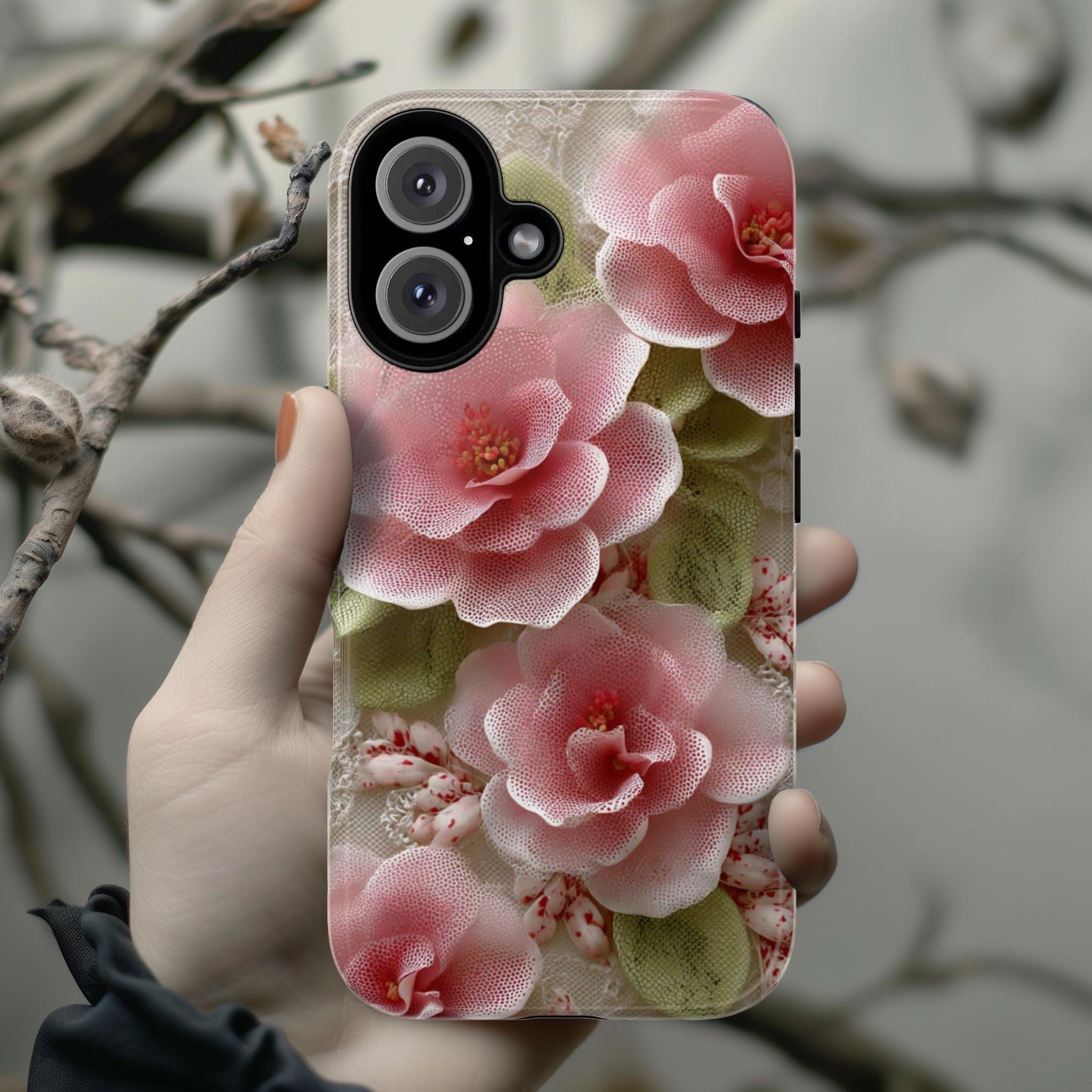3D Pink Rose Phone Case with Lace Detail, Rustic Charm Floral Design, Romantic Vintage Protective Cover for iPhone & Samsung, 476.19