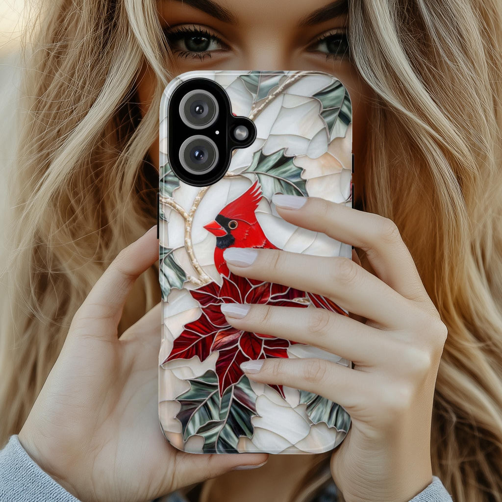 Cardinal & Poinsettia Stained Glass Winter Phone Case,  Red Bird and Floral Design MagSafe for iPhone 16 15 14 13, Samsung S24, 420.8