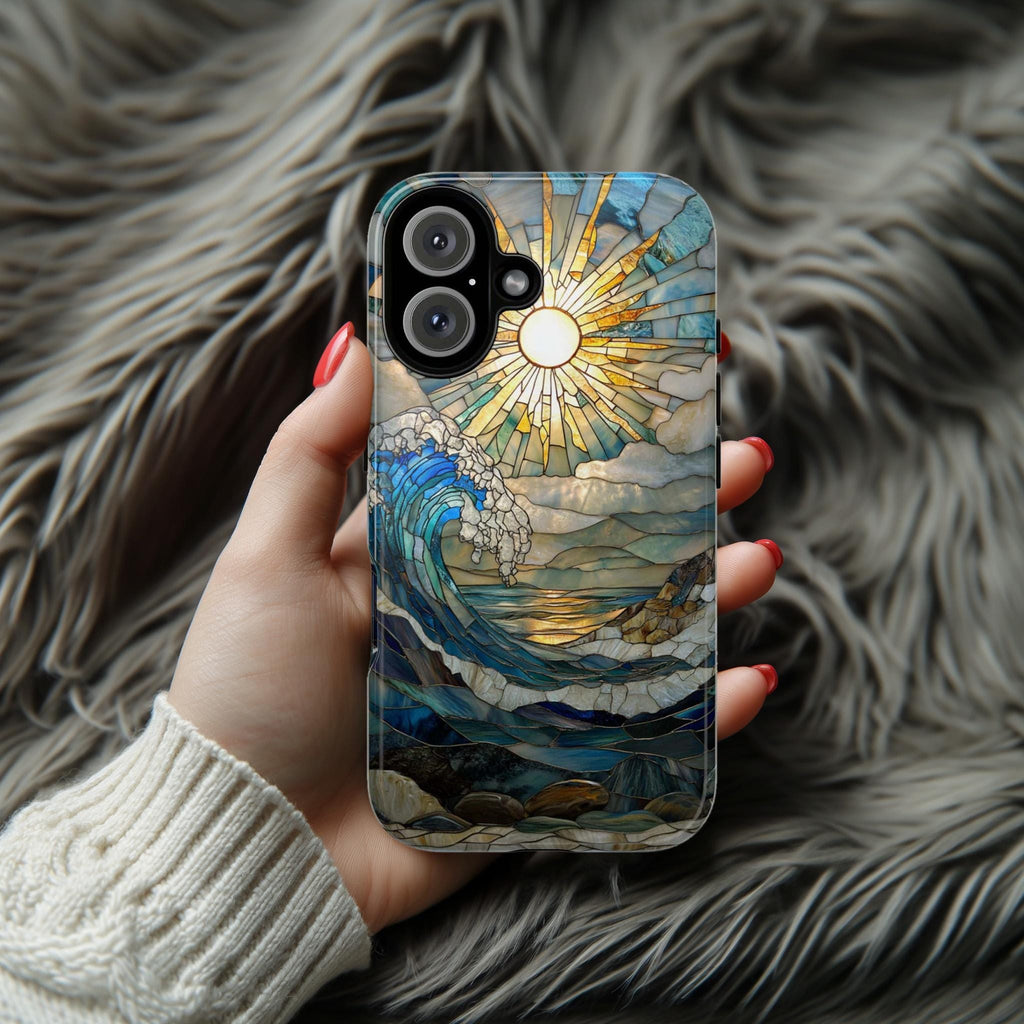 Stained Glass Sunset Ocean Phone Case, Sea-Wave Inspired Cover, Beach Lovers Gift Case Tough or Magsafe for iPhone 16 15 14 13, 455.12