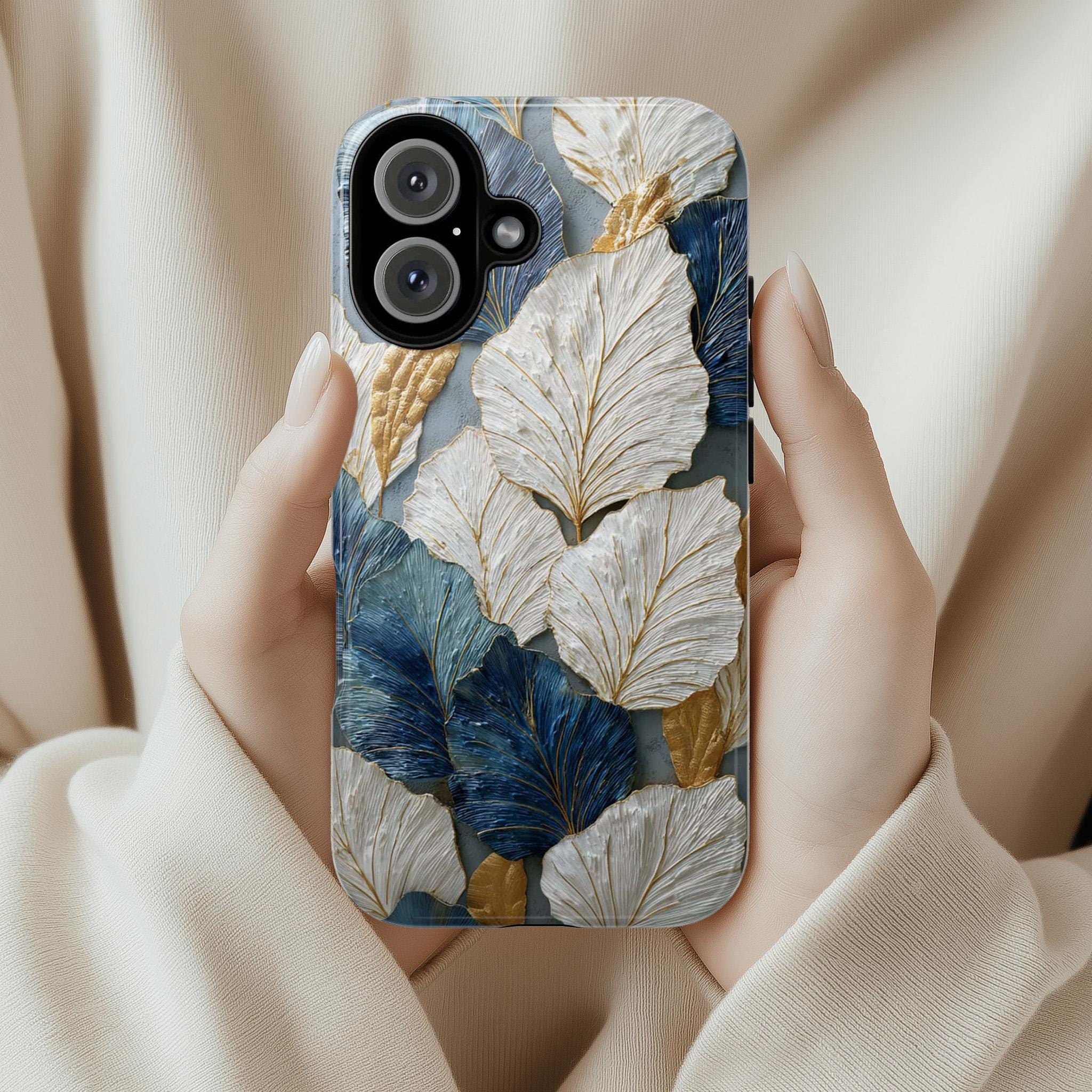 Rustic Leaves Phone Case with 3D Painted Effect, White & Blue Nature Artistic Botanical Cover for iPhone Tough or Magsafe, Samsung, 476.21